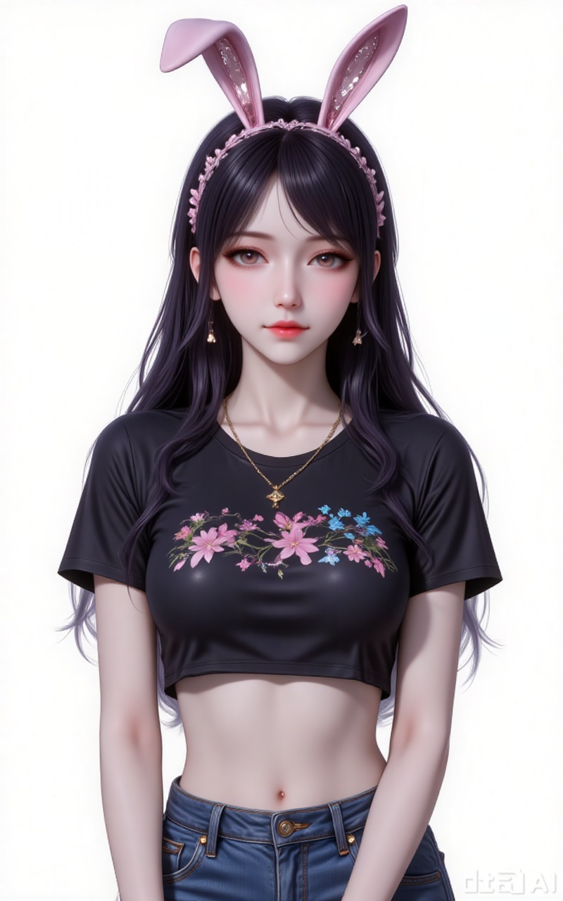 jiangnannan,black hair,long hair,wavy hair,very long hair,brown eyes,shiny_skin,rabbit ears headwear,lvjing,guanghuapifu,pifu,
crop_top,black shirt,print_shirt,jeans,standing,
white_background,simple background,
