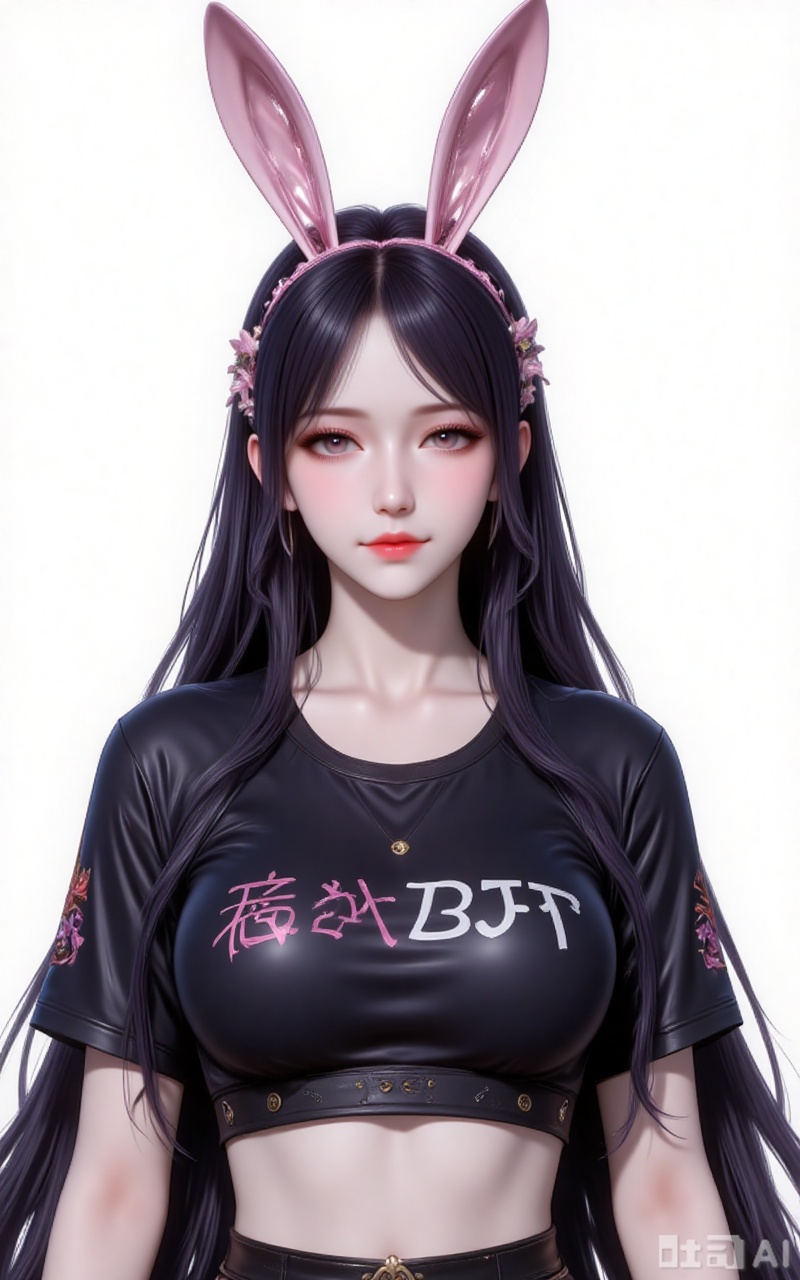 jiangnannan,black hair,long hair,wavy hair,very long hair,brown eyes,shiny_skin,rabbit ears headwear,lvjing,guanghuapifu,pifu,
crop_top,black shirt,print_shirt,upper body,
white_background,simple background,
