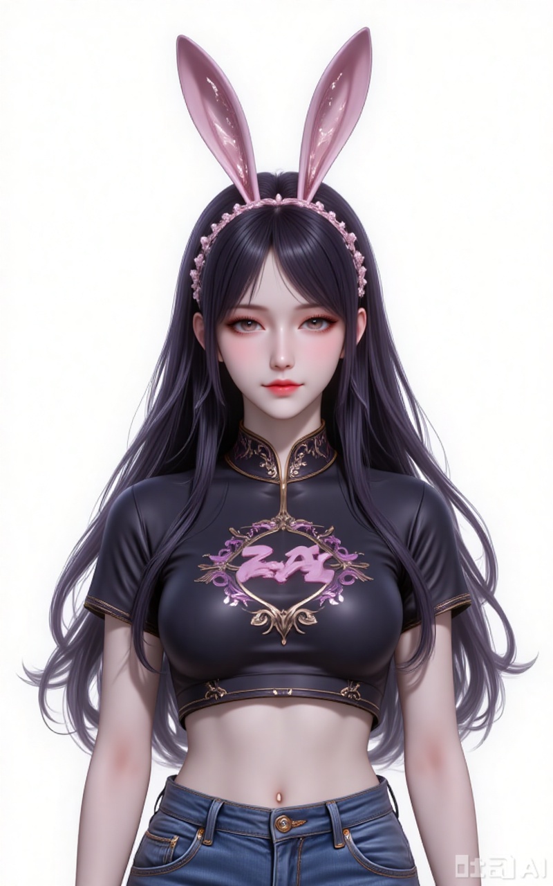 jiangnannan,black hair,long hair,wavy hair,very long hair,brown eyes,shiny_skin,rabbit ears headwear,lvjing,guanghuapifu,pifu,
crop_top,black shirt,print_shirt,jeans,standing,
white_background,simple background,

