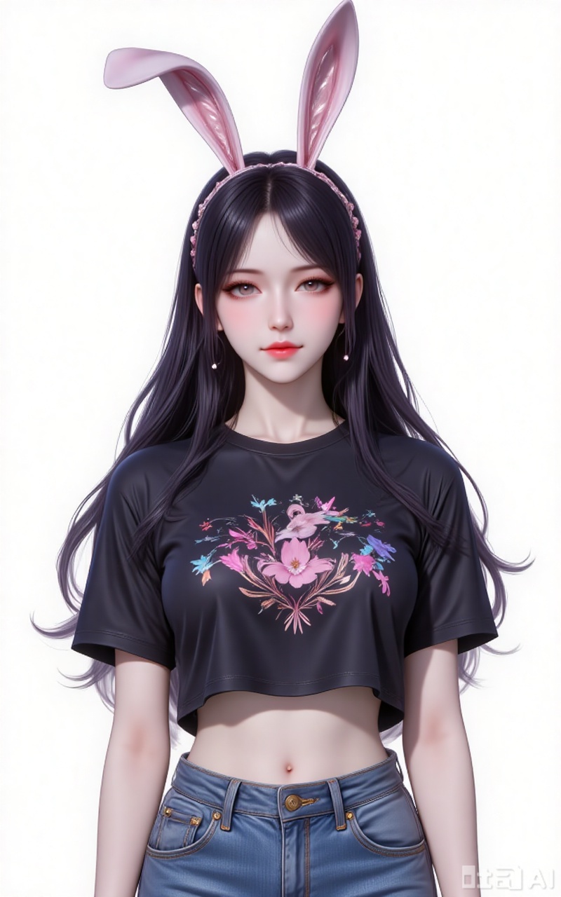 jiangnannan,black hair,long hair,wavy hair,very long hair,brown eyes,shiny_skin,rabbit ears headwear,lvjing,guanghuapifu,pifu,
crop_top,black shirt,print_shirt,jeans,standing,
white_background,simple background,
