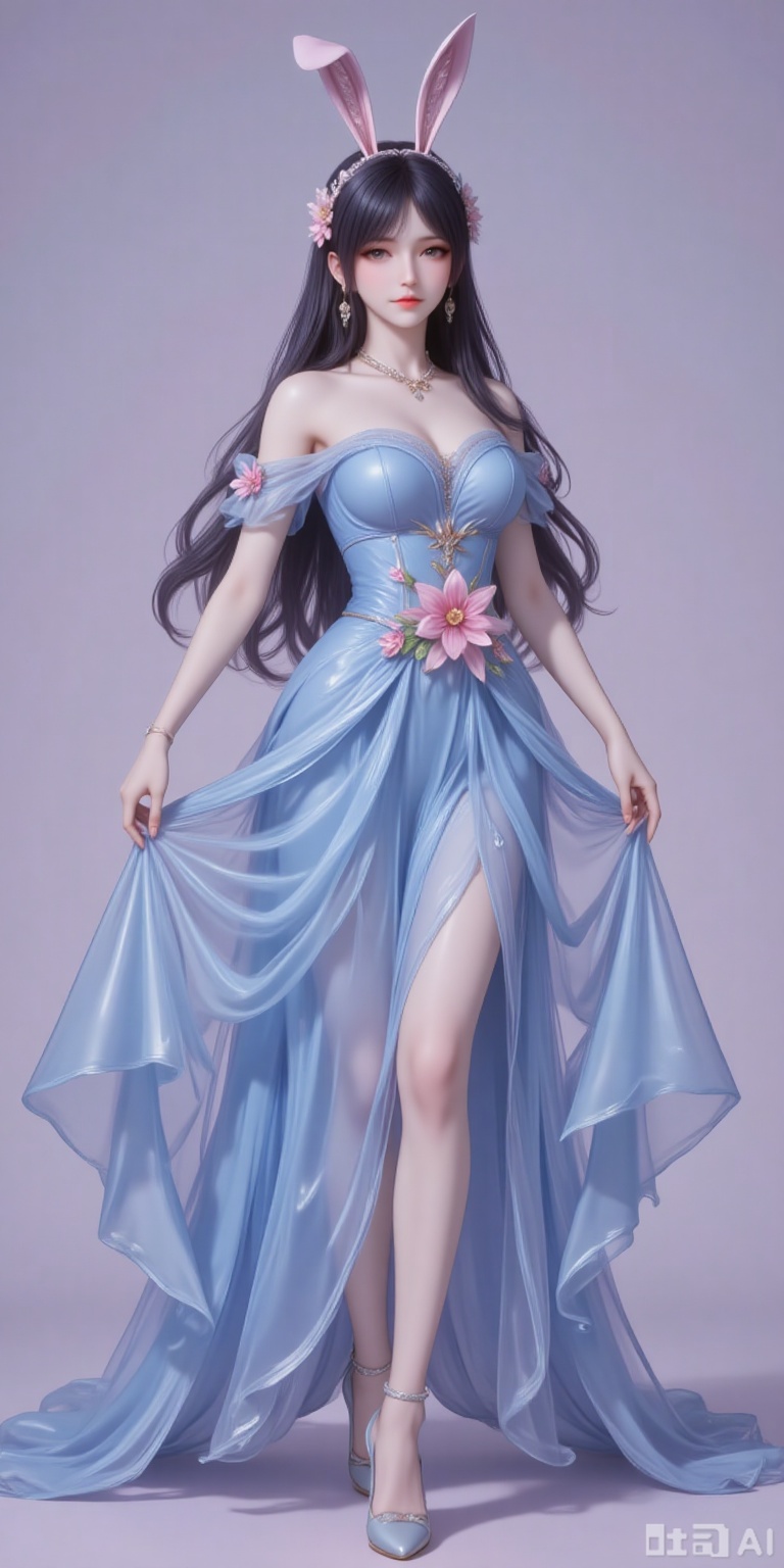 fuzhuang,1girl,dress,solo,bare shoulders,skirt hold,blue dress,black hair,long hair,breasts,strapless,strapless dress,flower,long dress,full body,high_heels,cover,gradient background,close-up details,outstanding style,adding a touch of dimension to your images without compromising details,close-up,
jiangnannan,black hair,long hair,wavy hair,very long hair,brown eyes,fair_skin,rabbit ears headwear,lvjing,guanghuapifu,pifu