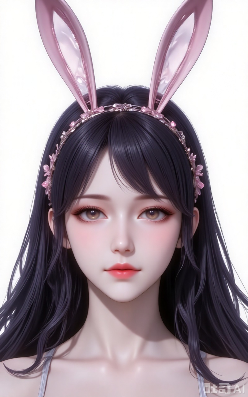 jiangnannan,black hair,long hair,wavy hair,very long hair,brown eyes,shiny_skin,rabbit ears headwear,lvjing,guanghuapifu,pifu,(portrait:1.1),
white_background,simple background,
