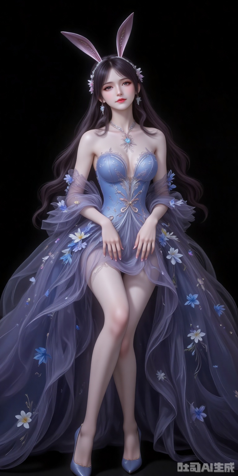 fuzhuang,1girl,dress,solo,bare shoulders,skirt hold,blue dress,black hair,long hair,breasts,strapless,strapless dress,flower,long dress,full body,high_heels,sitting,chair,legs,crossed_legs,black_background,simple background,cover,gradient background,close-up details,outstanding style,adding a touch of dimension to your images without compromising details,close-up,
jiangnannan,black hair,long hair,wavy hair,very long hair,brown eyes,fair_skin,rabbit ears headwear,lvjing