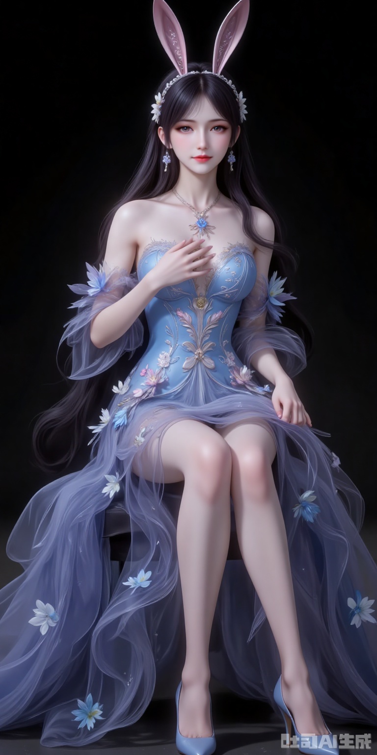 fuzhuang,1girl,dress,solo,bare shoulders,skirt hold,blue dress,black hair,long hair,breasts,strapless,strapless dress,flower,long dress,full body,high_heels,sitting,chair,legs,crossed_legs,black_background,simple background,cover,gradient background,close-up details,outstanding style,adding a touch of dimension to your images without compromising details,close-up,
jiangnannan,black hair,long hair,wavy hair,very long hair,brown eyes,fair_skin,rabbit ears headwear,lvjing