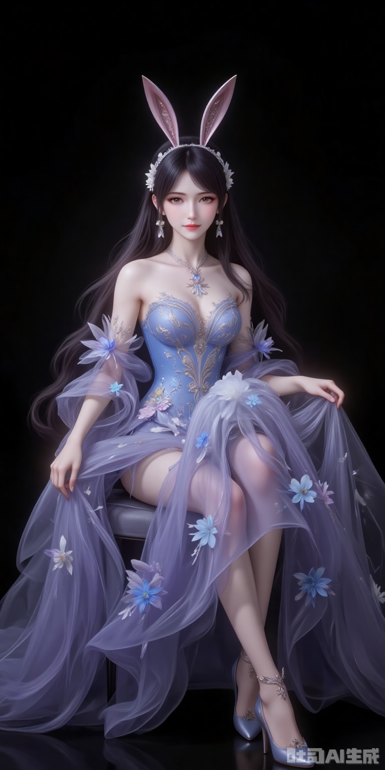 fuzhuang,1girl,dress,solo,bare shoulders,skirt hold,blue dress,black hair,long hair,breasts,strapless,strapless dress,flower,long dress,full body,high_heels,sitting,chair,legs,crossed_legs,black_background,simple background,cover,gradient background,close-up details,outstanding style,adding a touch of dimension to your images without compromising details,close-up,
jiangnannan,black hair,long hair,wavy hair,very long hair,brown eyes,fair_skin,rabbit ears headwear,lvjing