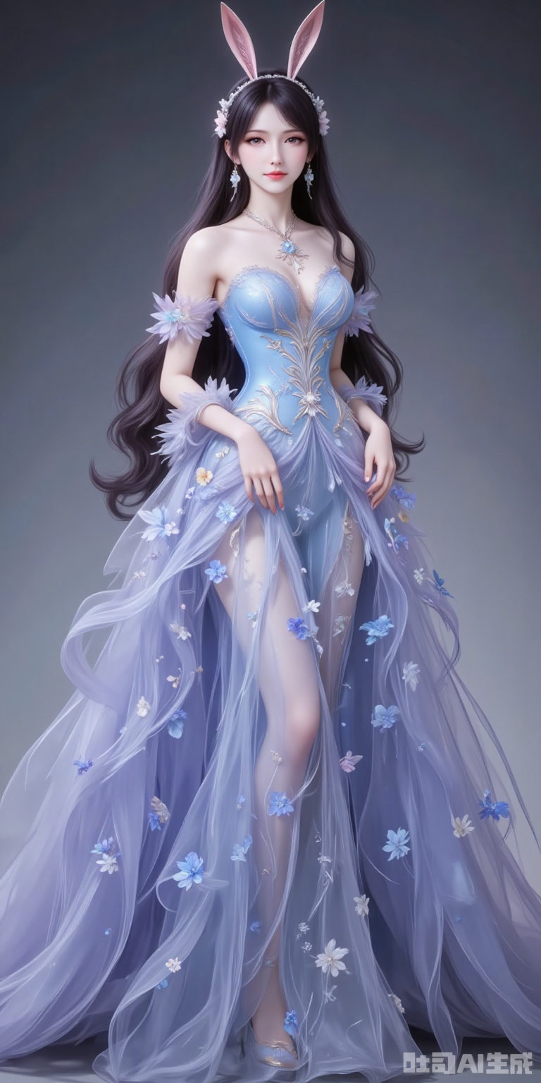 fuzhuang,1girl,dress,solo,bare shoulders,skirt hold,blue dress,black hair,long hair,breasts,strapless,strapless dress,flower,long dress,full body,high_heels,cover,gradient background,close-up details,outstanding style,adding a touch of dimension to your images without compromising details,close-up,
jiangnannan,black hair,long hair,wavy hair,very long hair,brown eyes,fair_skin,rabbit ears headwear,lvjing