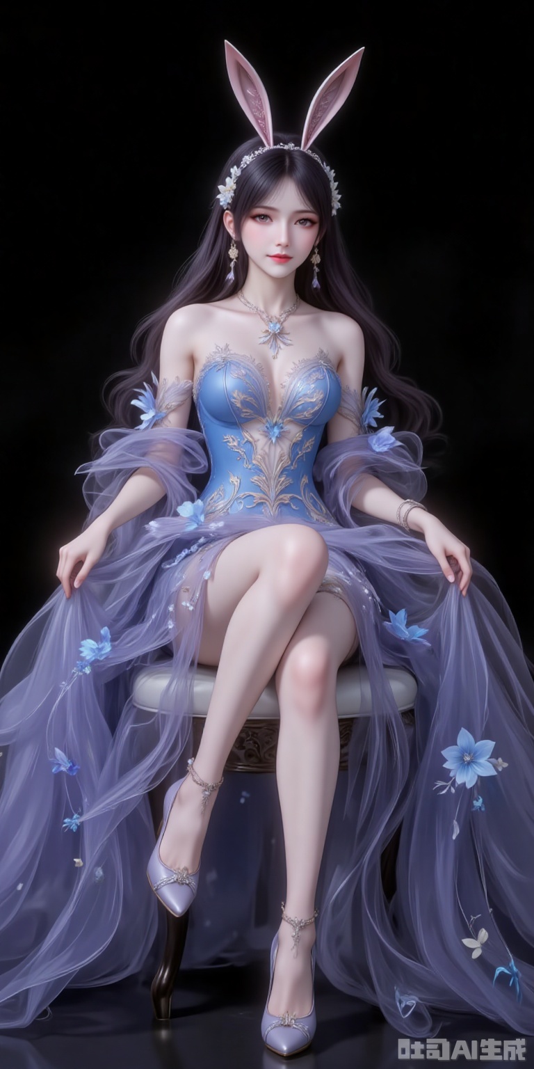 fuzhuang,1girl,dress,solo,bare shoulders,skirt hold,blue dress,black hair,long hair,breasts,strapless,strapless dress,flower,long dress,full body,high_heels,sitting,chair,legs,crossed_legs,black_background,simple background,cover,gradient background,close-up details,outstanding style,adding a touch of dimension to your images without compromising details,close-up,
jiangnannan,black hair,long hair,wavy hair,very long hair,brown eyes,fair_skin,rabbit ears headwear,lvjing