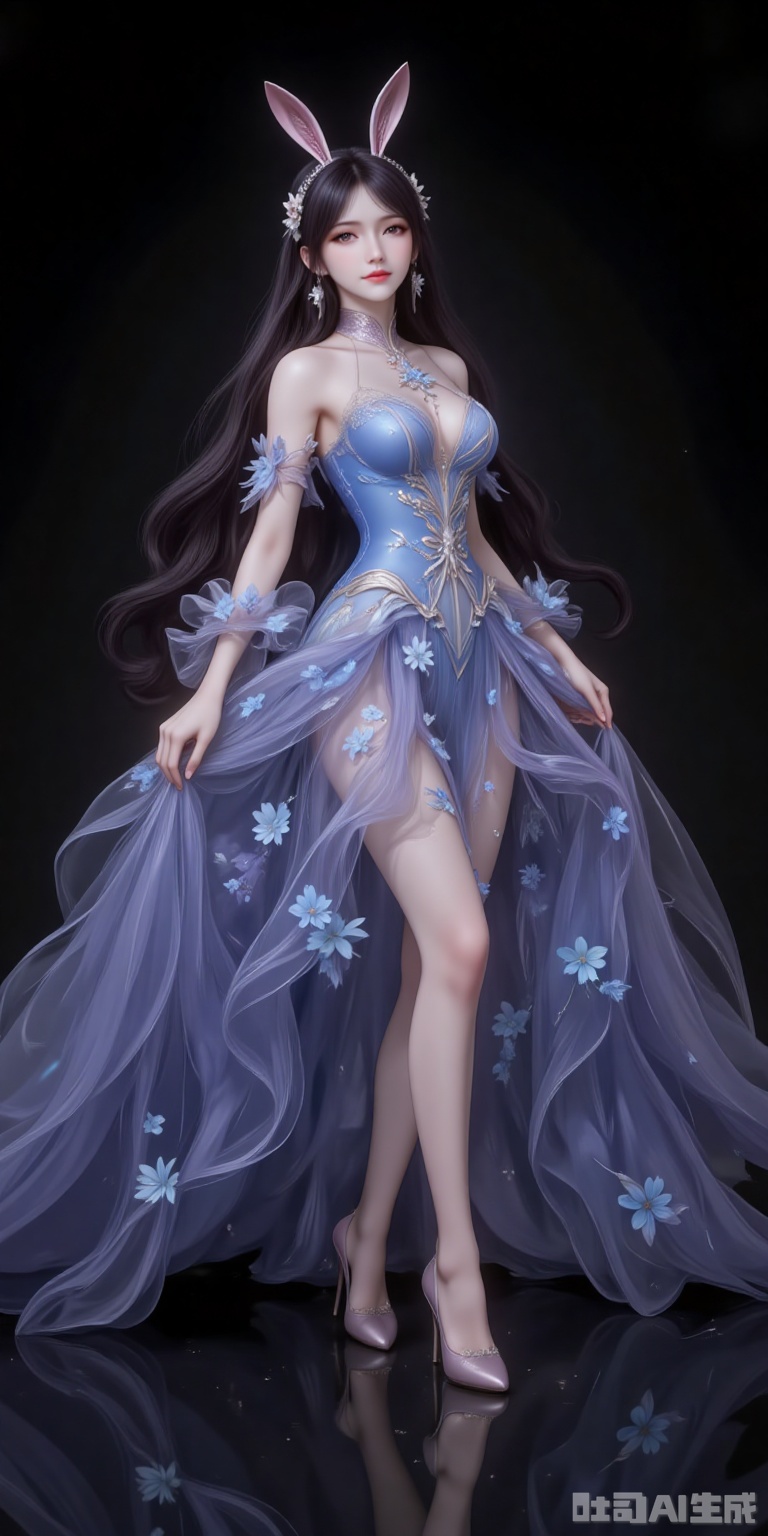 fuzhuang,1girl,dress,solo,bare shoulders,skirt hold,blue dress,black hair,long hair,breasts,strapless,strapless dress,flower,long dress,full body,high_heels,sitting,chair,legs,crossed_legs,black_background,simple background,cover,gradient background,close-up details,outstanding style,adding a touch of dimension to your images without compromising details,close-up,
jiangnannan,black hair,long hair,wavy hair,very long hair,brown eyes,fair_skin,rabbit ears headwear,lvjing