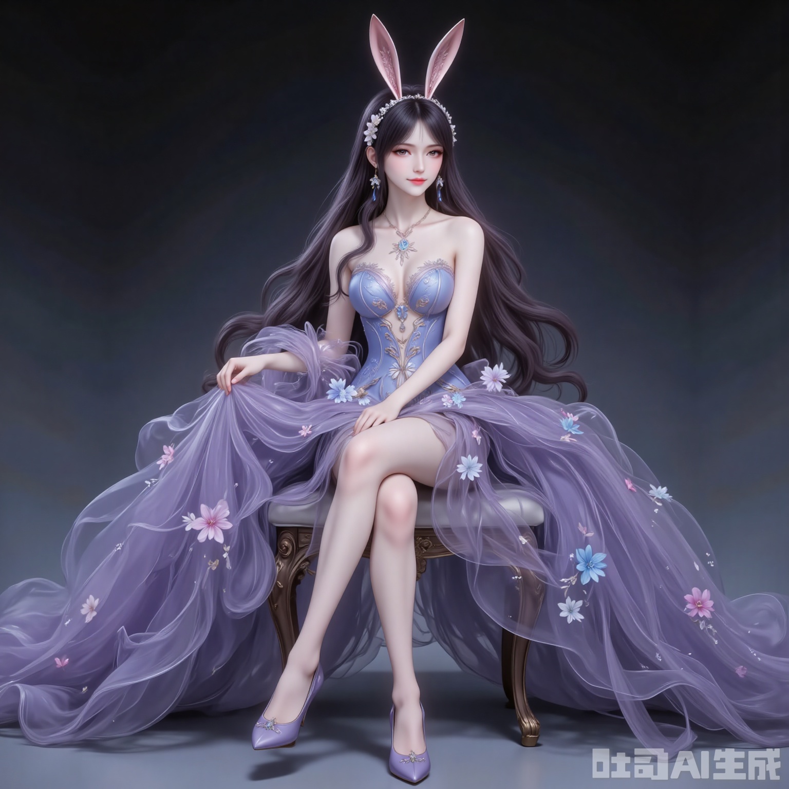 fuzhuang,1girl,dress,solo,bare shoulders,skirt hold,blue dress,black hair,long hair,breasts,strapless,strapless dress,flower,long dress,full body,high_heels,sitting,chair,legs,crossed_legs,black_background,simple background,cover,gradient background,close-up details,outstanding style,adding a touch of dimension to your images without compromising details,close-up,
jiangnannan,black hair,long hair,wavy hair,very long hair,brown eyes,fair_skin,rabbit ears headwear,lvjing
