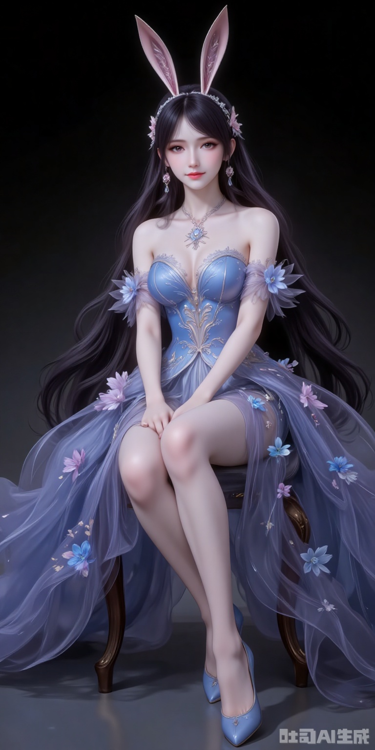 fuzhuang,1girl,dress,solo,bare shoulders,skirt hold,blue dress,black hair,long hair,breasts,strapless,strapless dress,flower,long dress,full body,high_heels,sitting,chair,legs,crossed_legs,black_background,simple background,cover,gradient background,close-up details,outstanding style,adding a touch of dimension to your images without compromising details,close-up,
jiangnannan,black hair,long hair,wavy hair,very long hair,brown eyes,fair_skin,rabbit ears headwear,lvjing