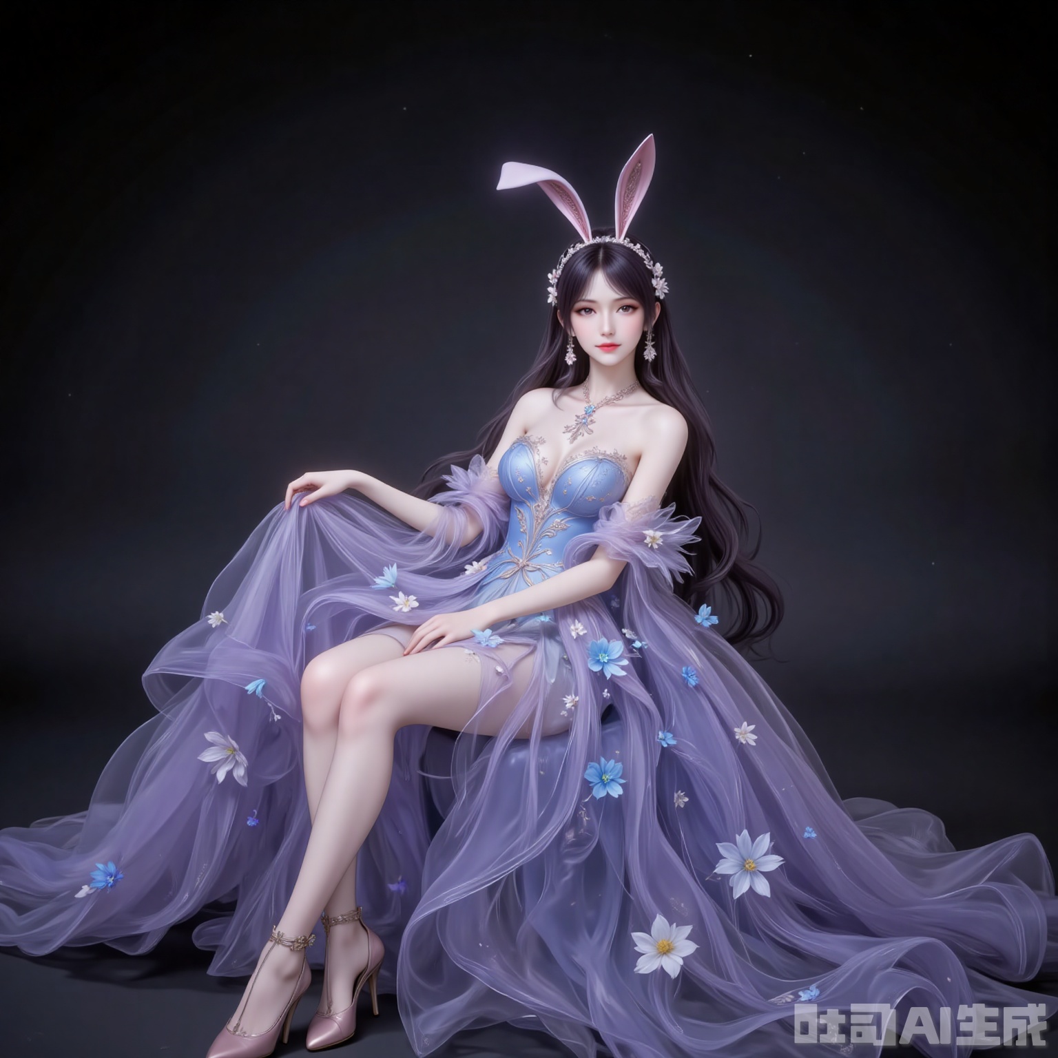 fuzhuang,1girl,dress,solo,bare shoulders,skirt hold,blue dress,black hair,long hair,breasts,strapless,strapless dress,flower,long dress,full body,high_heels,sitting,chair,legs,crossed_legs,black_background,simple background,cover,gradient background,close-up details,outstanding style,adding a touch of dimension to your images without compromising details,close-up,
jiangnannan,black hair,long hair,wavy hair,very long hair,brown eyes,fair_skin,rabbit ears headwear,lvjing