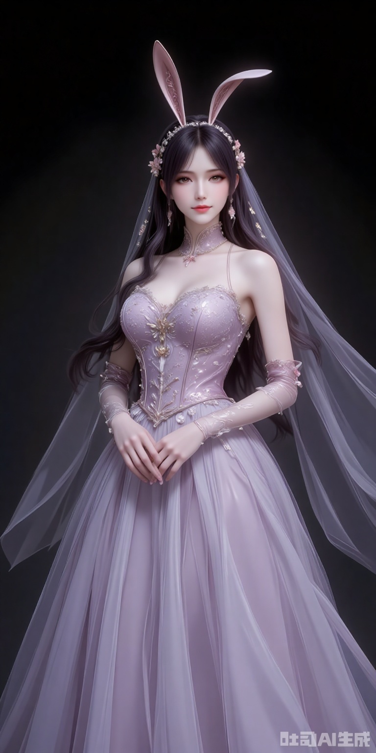 fuzhuang,1girl,solo,dress,long hair,wedding dress,gloves,bare shoulders,elbow gloves,veil,full body,black_background,simple background,cover,gradient background,close-up details,outstanding style,adding a touch of dimension to your images without compromising details,close-up,
jiangnannan,black hair,long hair,wavy hair,very long hair,brown eyes,fair_skin,rabbit ears headwear,lvjing