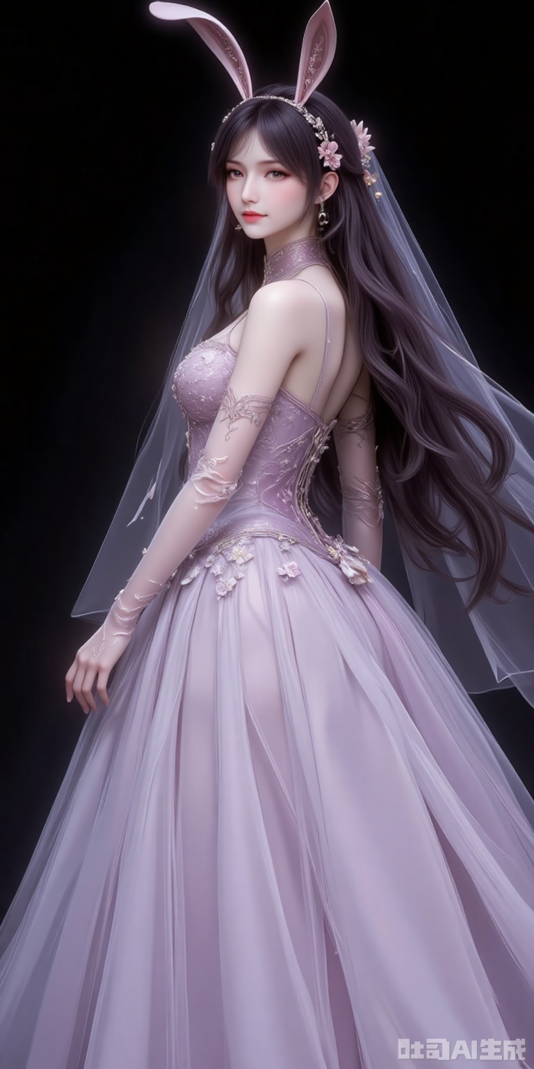 fuzhuang,1girl,solo,dress,long hair,wedding dress,gloves,bare shoulders,elbow gloves,veil,full body,black_background,simple background,cover,gradient background,close-up details,outstanding style,adding a touch of dimension to your images without compromising details,close-up,
jiangnannan,black hair,long hair,wavy hair,very long hair,brown eyes,fair_skin,rabbit ears headwear,lvjing
