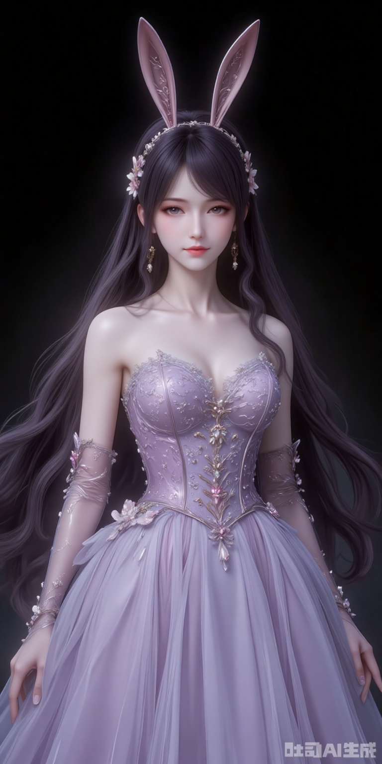 fuzhuang,1girl,solo,dress,long hair,wedding dress,gloves,bare shoulders,elbow gloves,veil,full body,black_background,simple background,cover,gradient background,close-up details,outstanding style,adding a touch of dimension to your images without compromising details,close-up,
jiangnannan,black hair,long hair,wavy hair,very long hair,brown eyes,fair_skin,rabbit ears headwear,lvjing