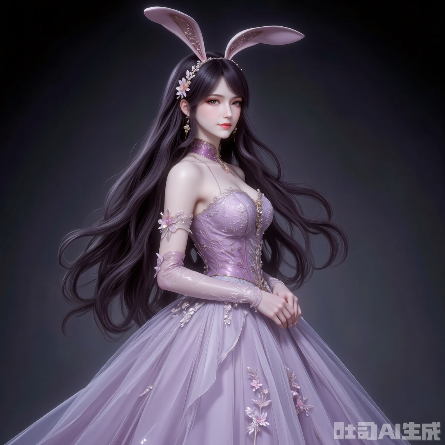 fuzhuang,1girl,solo,dress,long hair,wedding dress,gloves,bare shoulders,elbow gloves,veil,full body,black_background,simple background,cover,gradient background,close-up details,outstanding style,adding a touch of dimension to your images without compromising details,close-up,
jiangnannan,black hair,long hair,wavy hair,very long hair,brown eyes,fair_skin,rabbit ears headwear,lvjing