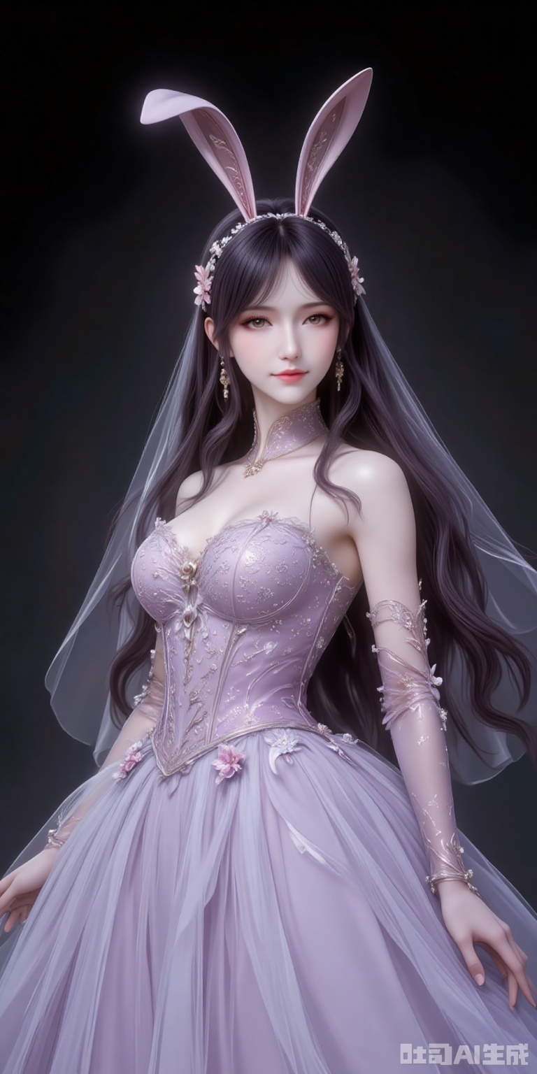 fuzhuang,1girl,solo,dress,long hair,wedding dress,gloves,bare shoulders,elbow gloves,veil,full body,black_background,simple background,cover,gradient background,close-up details,outstanding style,adding a touch of dimension to your images without compromising details,close-up,
jiangnannan,black hair,long hair,wavy hair,very long hair,brown eyes,fair_skin,rabbit ears headwear,lvjing