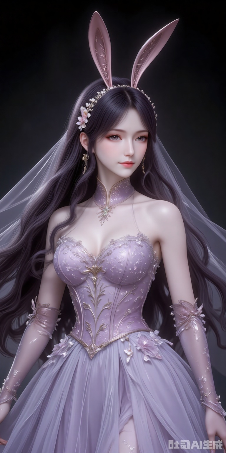 fuzhuang,1girl,solo,dress,long hair,wedding dress,gloves,bare shoulders,elbow gloves,veil,full body,black_background,simple background,cover,gradient background,close-up details,outstanding style,adding a touch of dimension to your images without compromising details,close-up,
jiangnannan,black hair,long hair,wavy hair,very long hair,brown eyes,fair_skin,rabbit ears headwear,lvjing