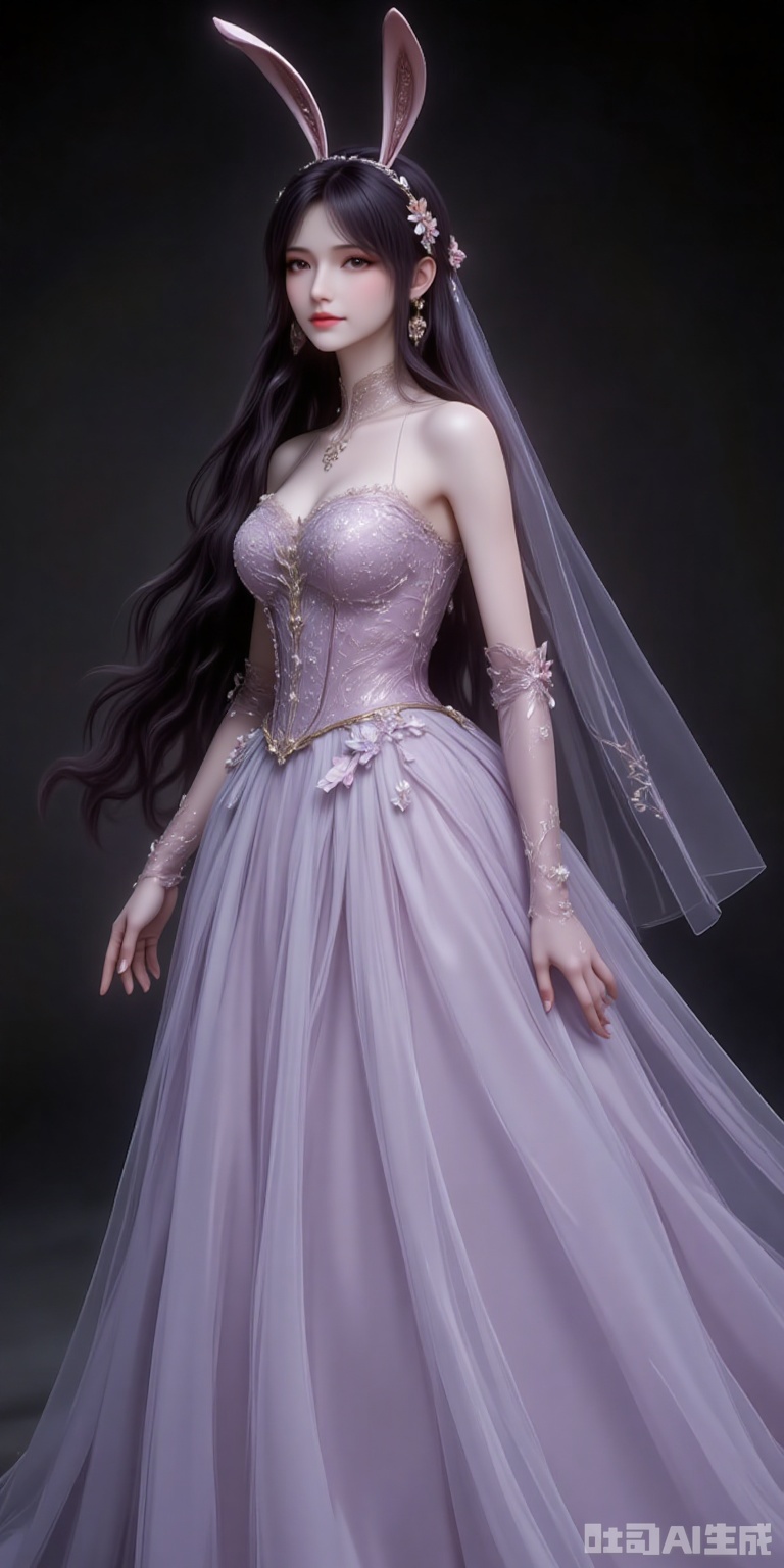 fuzhuang,1girl,solo,dress,long hair,wedding dress,gloves,bare shoulders,elbow gloves,veil,full body,black_background,simple background,cover,gradient background,close-up details,outstanding style,adding a touch of dimension to your images without compromising details,close-up,
jiangnannan,black hair,long hair,wavy hair,very long hair,brown eyes,fair_skin,rabbit ears headwear,lvjing