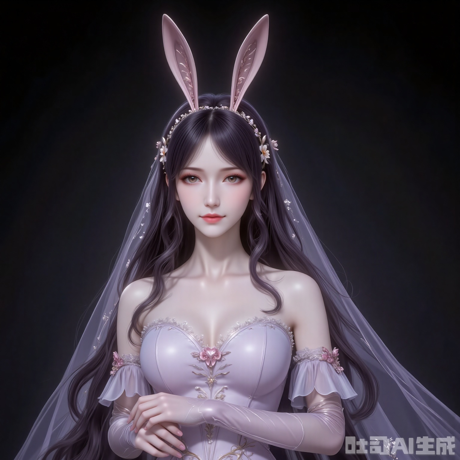 fuzhuang,1girl,solo,dress,long hair,wedding dress,gloves,bare shoulders,elbow gloves,veil,full body,black_background,simple background,cover,gradient background,close-up details,outstanding style,adding a touch of dimension to your images without compromising details,close-up,
jiangnannan,black hair,long hair,wavy hair,very long hair,brown eyes,fair_skin,rabbit ears headwear,lvjing