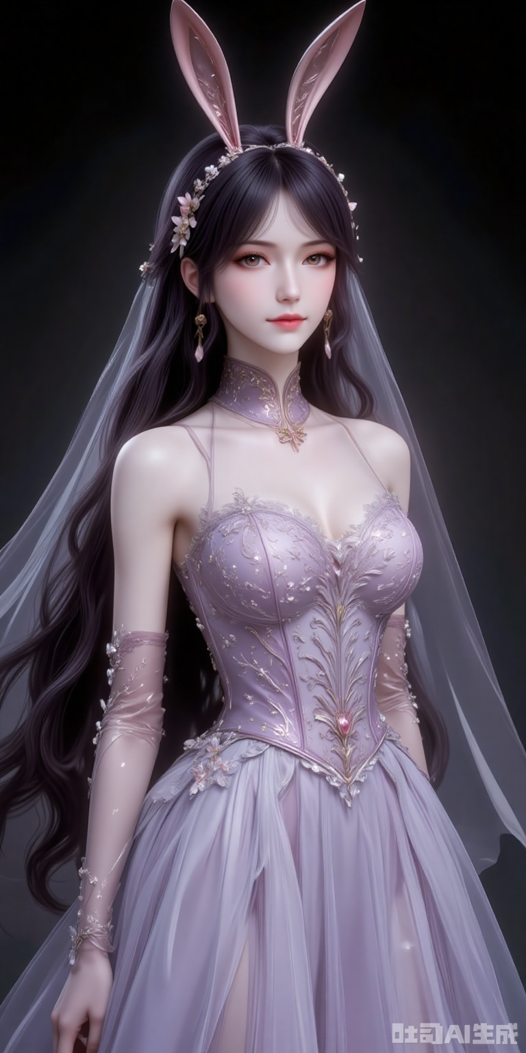 fuzhuang,1girl,solo,dress,long hair,wedding dress,gloves,bare shoulders,elbow gloves,veil,full body,black_background,simple background,cover,gradient background,close-up details,outstanding style,adding a touch of dimension to your images without compromising details,close-up,
jiangnannan,black hair,long hair,wavy hair,very long hair,brown eyes,fair_skin,rabbit ears headwear,lvjing