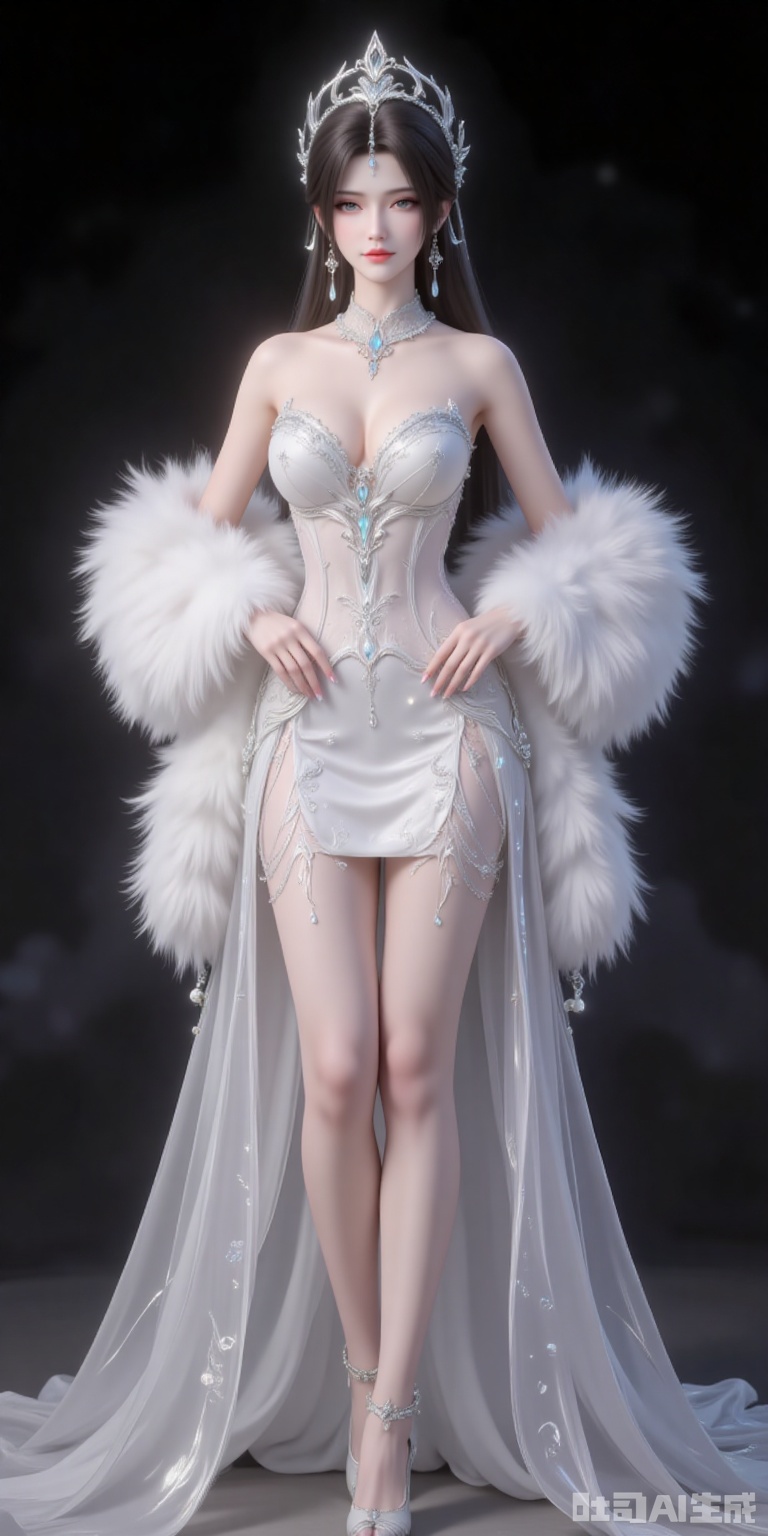 hunsha,1girl,dress,solo,breasts,fur shawl,white dress,cleavage,bare shoulders,medium breasts,indoors,standing,strapless dress,sparkle,high_heels,standing,legs,black_background,simple background,cover,gradient background,close-up details,outstanding style,adding a touch of dimension to your images without compromising details,close-up,
qingyi,black hair,long hair,jewelry,earrings,hair_ornament,grey eyes,crown,lvjing
