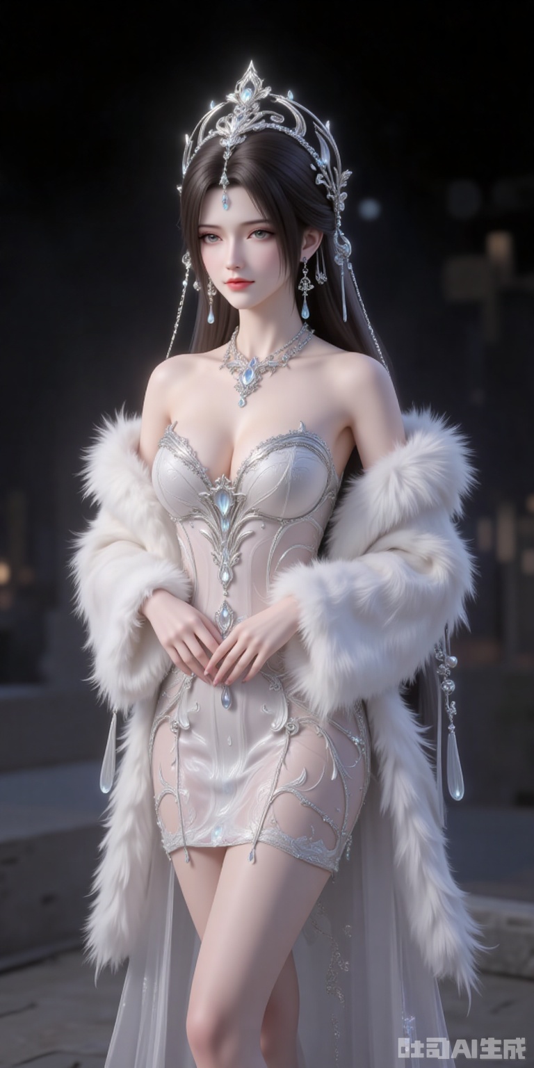 hunsha,1girl,dress,solo,breasts,fur shawl,white dress,cleavage,bare shoulders,medium breasts,indoors,standing,strapless dress,sparkle,high_heels,standing,legs,black_background,simple background,cover,gradient background,close-up details,outstanding style,adding a touch of dimension to your images without compromising details,close-up,
qingyi,black hair,long hair,jewelry,earrings,hair_ornament,grey eyes,crown,lvjing