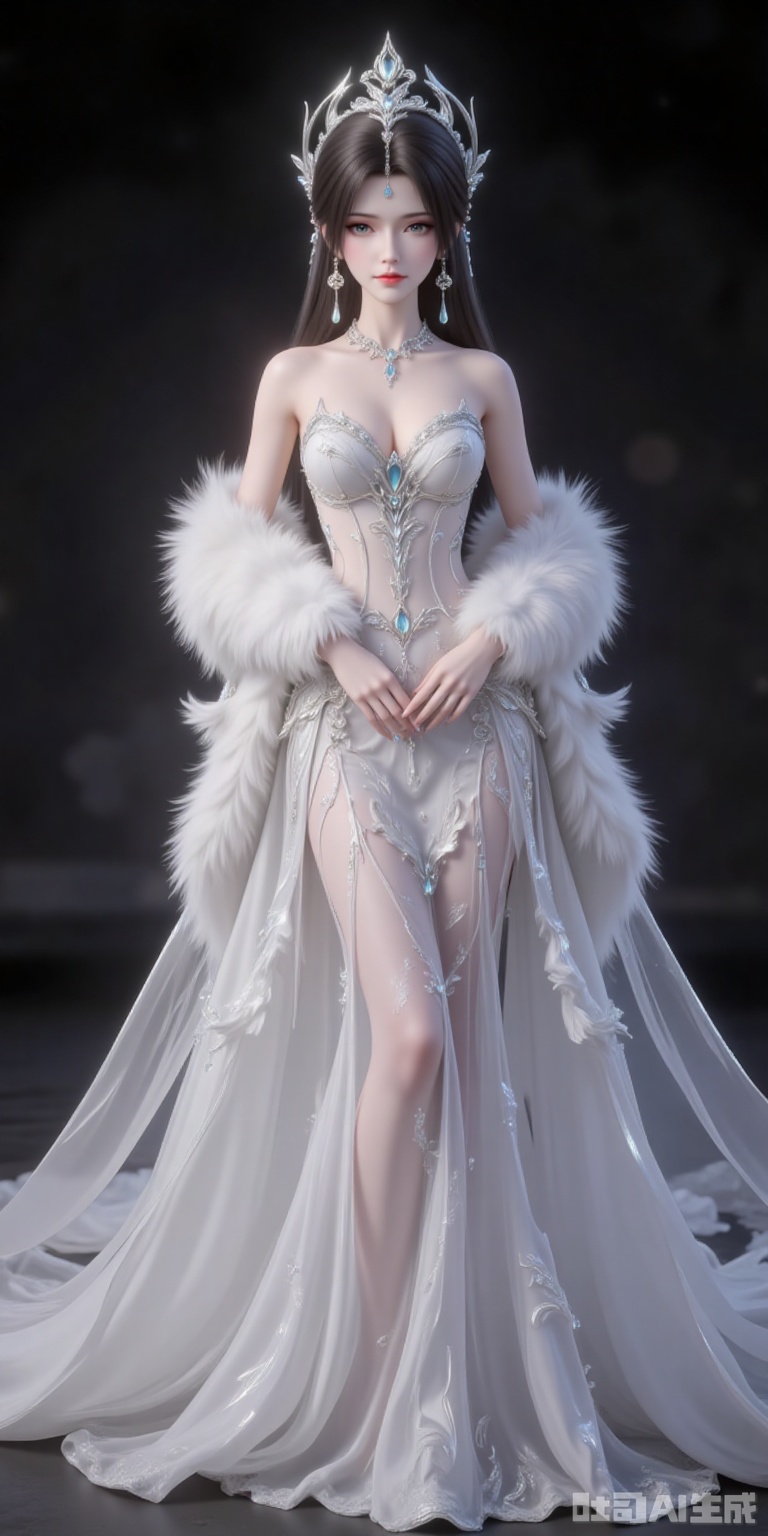hunsha,1girl,dress,solo,breasts,fur shawl,white dress,cleavage,bare shoulders,medium breasts,indoors,standing,strapless dress,sparkle,black_background,simple background,cover,gradient background,close-up details,outstanding style,adding a touch of dimension to your images without compromising details,close-up,
qingyi,black hair,long hair,jewelry,earrings,hair_ornament,grey eyes,crown,lvjing