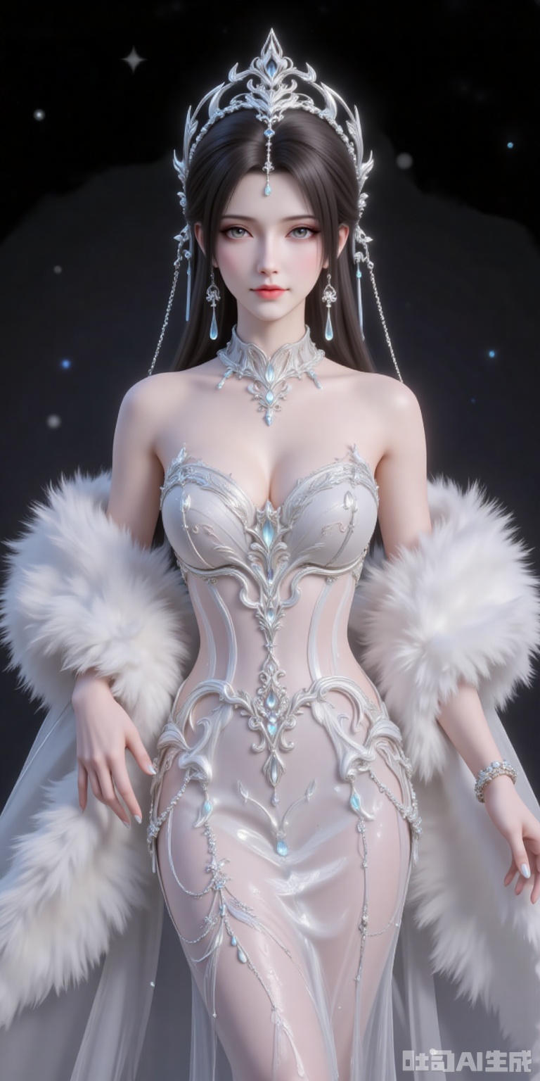 hunsha,1girl,dress,solo,breasts,fur shawl,white dress,cleavage,bare shoulders,medium breasts,indoors,standing,strapless dress,sparkle,black_background,simple background,cover,gradient background,close-up details,outstanding style,adding a touch of dimension to your images without compromising details,close-up,
qingyi,black hair,long hair,jewelry,earrings,hair_ornament,grey eyes,crown,lvjing