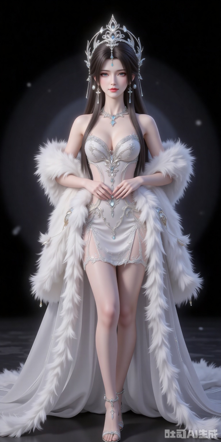 hunsha,1girl,dress,solo,breasts,fur shawl,white dress,cleavage,bare shoulders,medium breasts,indoors,standing,strapless dress,sparkle,high_heels,standing,legs,black_background,simple background,cover,gradient background,close-up details,outstanding style,adding a touch of dimension to your images without compromising details,close-up,
qingyi,black hair,long hair,jewelry,earrings,hair_ornament,grey eyes,crown,lvjing