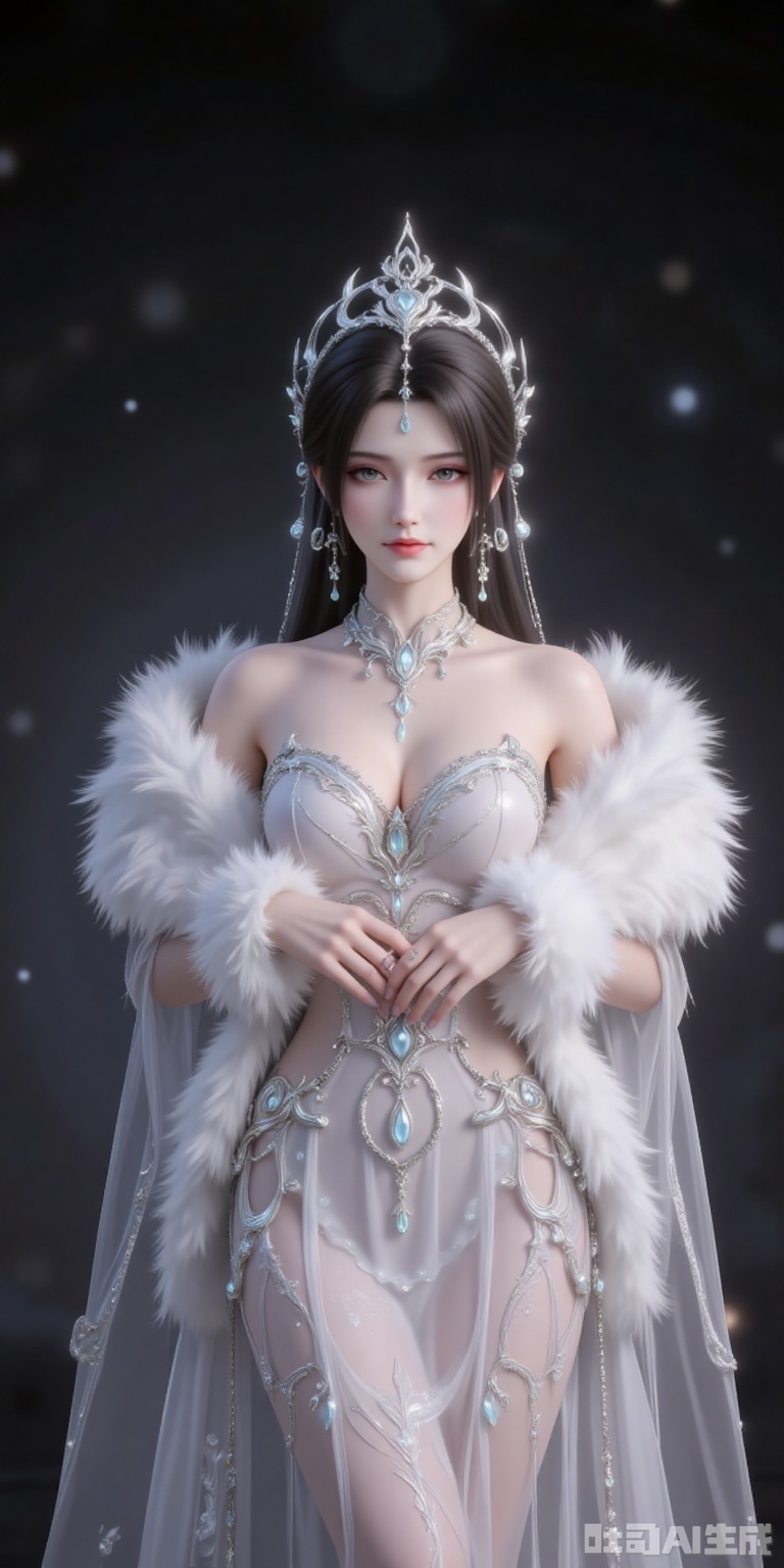 hunsha,1girl,dress,solo,breasts,fur shawl,white dress,cleavage,bare shoulders,medium breasts,indoors,standing,strapless dress,sparkle,black_background,simple background,cover,gradient background,close-up details,outstanding style,adding a touch of dimension to your images without compromising details,close-up,
qingyi,black hair,long hair,jewelry,earrings,hair_ornament,grey eyes,crown,lvjing