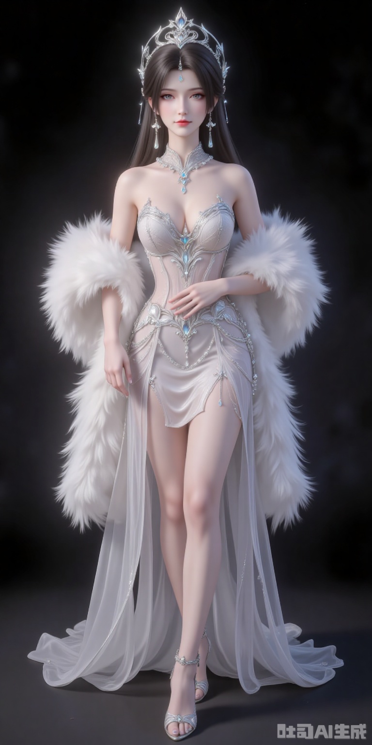hunsha,1girl,dress,solo,breasts,fur shawl,white dress,cleavage,bare shoulders,medium breasts,indoors,standing,strapless dress,sparkle,high_heels,standing,legs,black_background,simple background,cover,gradient background,close-up details,outstanding style,adding a touch of dimension to your images without compromising details,close-up,
qingyi,black hair,long hair,jewelry,earrings,hair_ornament,grey eyes,crown,lvjing