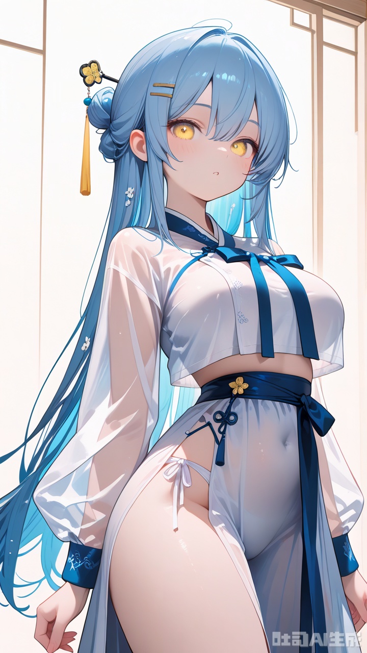 masterpiece, best quality, amazing quality, very aesthetic, absurdres, newest,1girl,biryu soso,blue hair,hair ornament,hairpin,korean clothes,long hair,see-through clothes,see-through sleeves,yellow eyes,