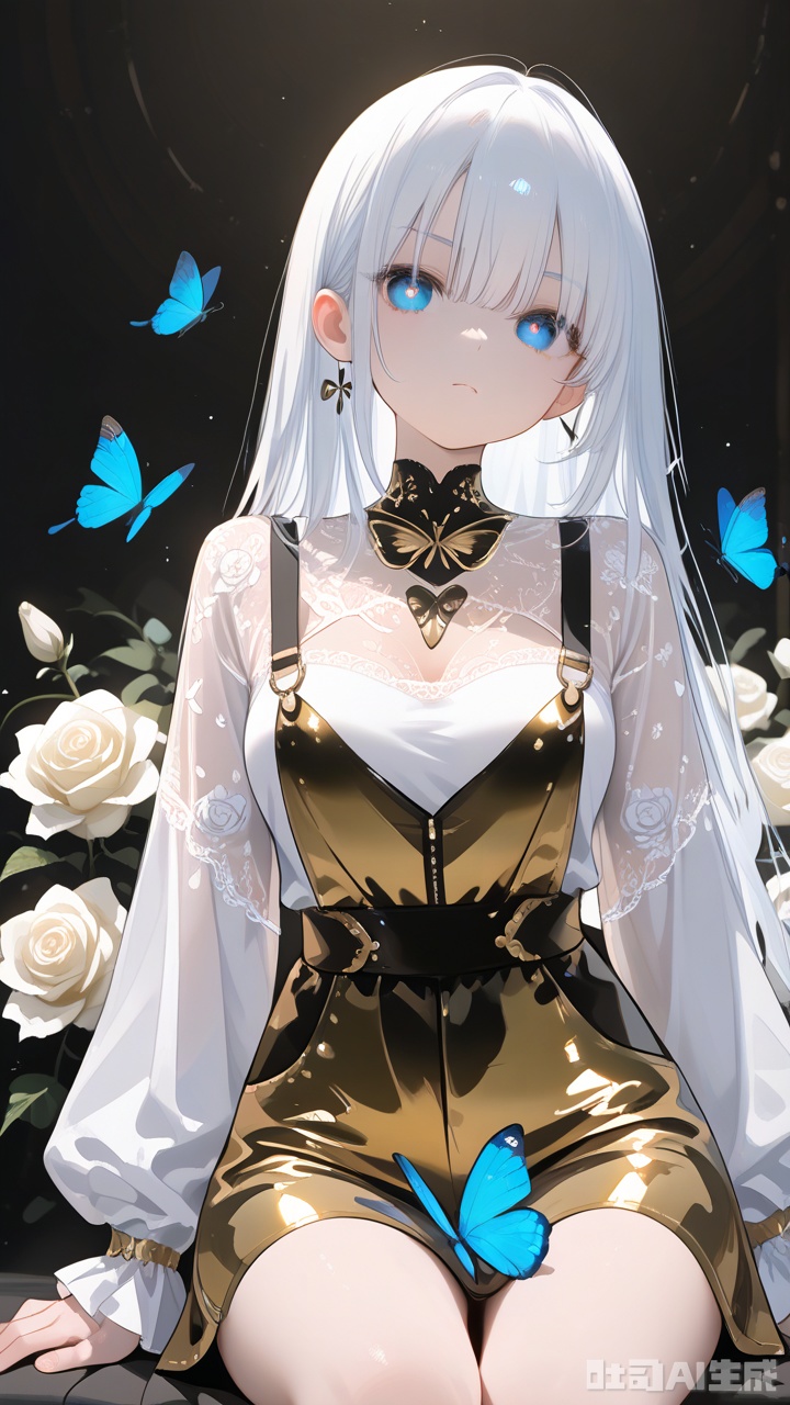 The image is a digital illustration of a young woman with long white hair and blue eyes She is wearing a black and gold outfit with intricate details and patterns The outfit has a high neckline and long sleeves with ruffles on the sleeves The woman is sitting in front of a background of white roses and blue butterflies She has a serious expression on her face and is looking off to the side The overall mood of the image is dark and mysterious.