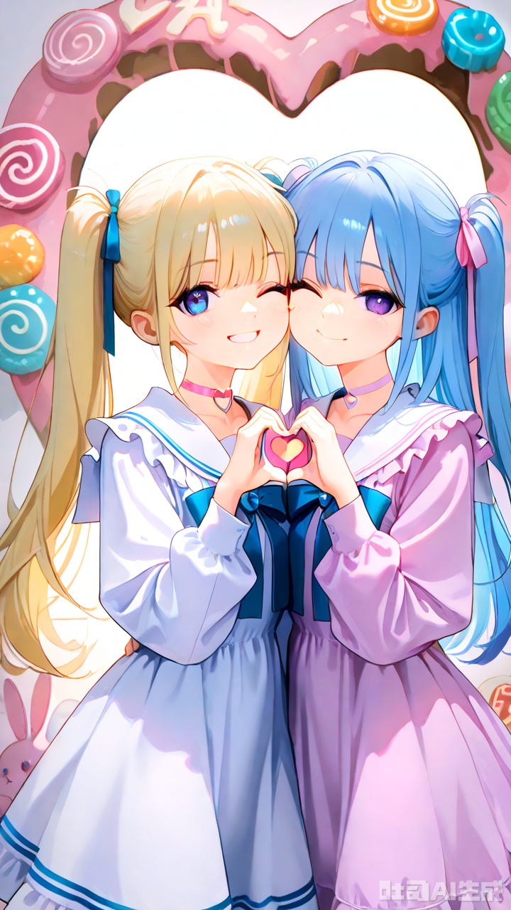 masterpiece,best quality,high quality,overexposure,chromatic_aberration,light,fair_skin,Two girls with a variety of colorful features: one with blonde hair, blue eyes, and a white sailor dress with a pink choker, and the other with blue hair, purple eyes, and a pink dress. They are cheek-to-cheek, smiling with one eye closed, holding a heart together. Both girls have long hair styled in twintails with hair ribbons, and they are wearing frilled dresses with puffy sleeves and sailor collars. One girl has a heart choker, while the other has an o-ring choker. They are surrounded by a food-themed background, with candy and a stuffed rabbit visible. One girl is holding a stuffed toy, and they are both making heart hands gestures.