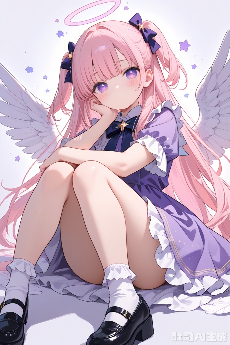 masterpiece,best quality,high quality,1girl, solo, long hair, looking at viewer, blush, bangs, dress, bow, very long hair, purple eyes, pink hair, short sleeves, hair bow, frills, wings, shoes, socks, star \(symbol\), two side up, halo, frilled dress, white socks, feathered wings, knees up, purple dress, angel wings, white wings, angel, starry background