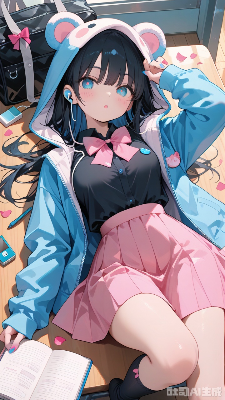 masterpiece, best quality, amazing quality, very aesthetic, absurdres, newest,1girl,:o,animal hood,bag,black bag,black hair,black shirt,blue eyes,blue jacket,blue nails,blush,bow,bowtie,digital media player,earphones,eraser,foot out of frame,high-waist skirt,hood,hooded jacket,jacket,long hair,long sleeves,looking at viewer,multicolored nails,nail polish,open clothes,open jacket,parted lips,pen,petals,pink bow,pink bowtie,pink nails,pink skirt,school uniform,shirt,skirt,socks,solo,