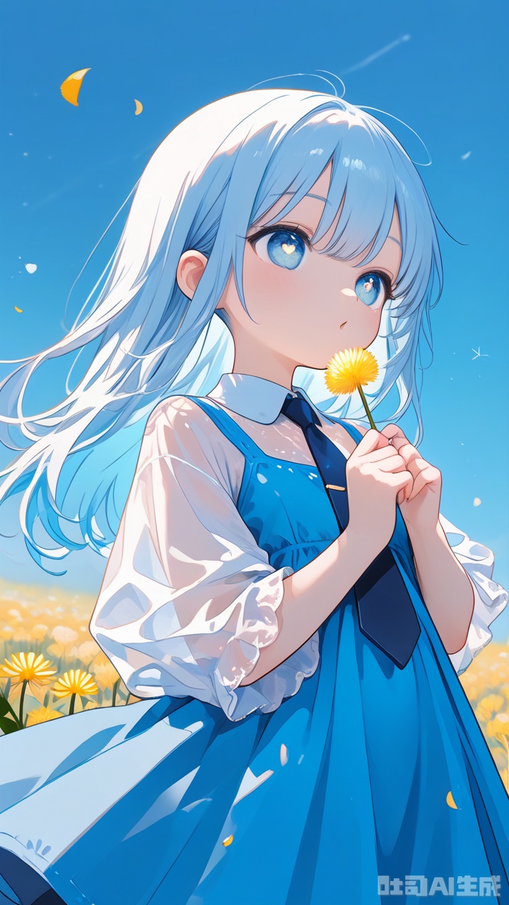 ((artist:nano)),loli,1girl,blue theme,Tie dyeing,A girl holding a dandelion flower, wearing a blue dress with white dots and yellow flowers on it, blowing away small petals in the style of light skyblue and pale aquamarine illustrations, a simple line drawing reminiscent of children's book illustrations and storybook art, with colorful cartooning and playful character design