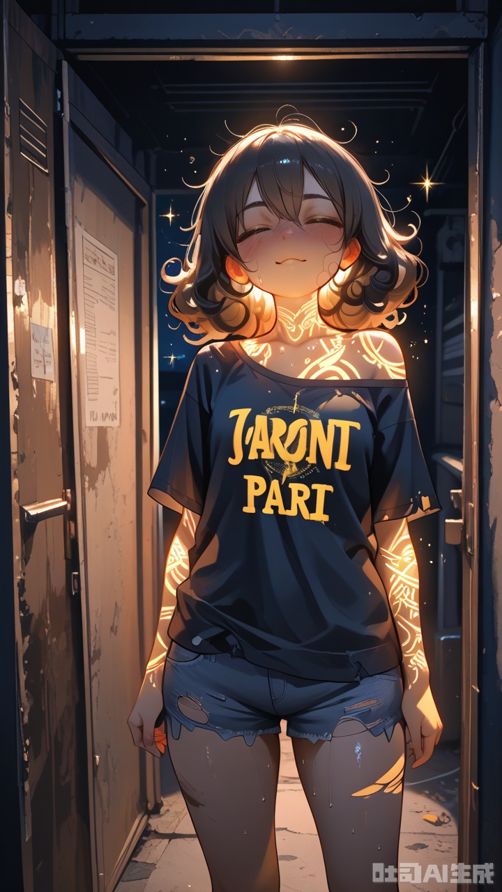 best quality,highres,masterpiece,sparkles,ornate,bloom light,ambilight,halatio,detail skin,((skin glowing, subsurface scattering)),particles,ray tracing,gritty, nighttime, urban trailer park, woman standing in front of an old rusty trailer with door open, wearing torn cut-off jean shorts and a dirty cut-off off-the-shoulder old t-shirt with long messy tangled dark curly hair and many tattoos , cute face, sweaty, drunk