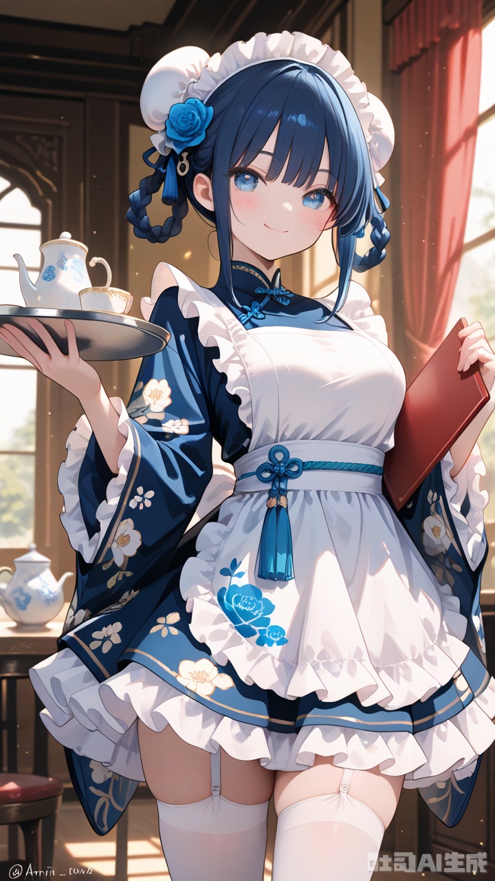 masterpiece, best quality, amazing quality, very aesthetic, absurdres, newest,1girl, solo, frills, maid headdress, tray, curtains, thighhighs, holding, teapot, maid, holding tray, wide sleeves, window, frilled sleeves, dress, cup, looking at viewer, apron, white thighhighs, tassel, blue hair, white dress, long sleeves, sidelocks, hair ornament, hair bun, closed mouth, double bun, teacup, braid, smile, indoors, frilled dress, blue eyes, bun cover, frilled apron, long hair, hair rings, cowboy shot, maid apron, white apron, blurry, garter straps, standing, floral print, blurry background, zettai ryouiki, braided hair rings, tassel hair ornament, dark blue hair, light particles, blush, lace trim, hair flower, wa maid, chinese clothes, cross-laced footwear, flower, twitter username, twin braids, lolita fashion