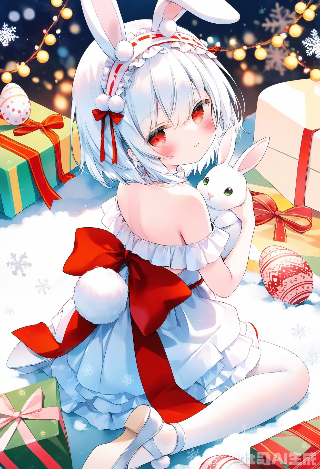 loli, 1girl, snow rabbit, red eyes, animal ears, solo, snowflakes, dress, rabbit ears, sitting, white hair, white dress, rabbit, pantyhose, looking at viewer, christmas ornaments, bow, red bow, short hair, holding, white choker, white pantyhose, gift, rabbit tail, looking back, tail, pom pom (clothes), white footwear, box, closed mouth, christmas, ribbon, hairband, red ribbon, hair bow, blush, white hairband, backless dress, animal, rabbit girl, from above, pleated dress, hair ornament, headdress, hair between eyes, backless outfit, from behind, christmas lights, full body, bell, food, easter egg, choker, ballet slippers, frilled hairband, holding animal, shoes, frilled dress, layered dress, gift box, back bow, blurry, easter, frills, snow, fake animal ears, snowflake background, depth of field, bare shoulders, off-shoulder dress, sleeveless dress, pom pom hair ornament, looking up, snowflake print, hair ribbon

