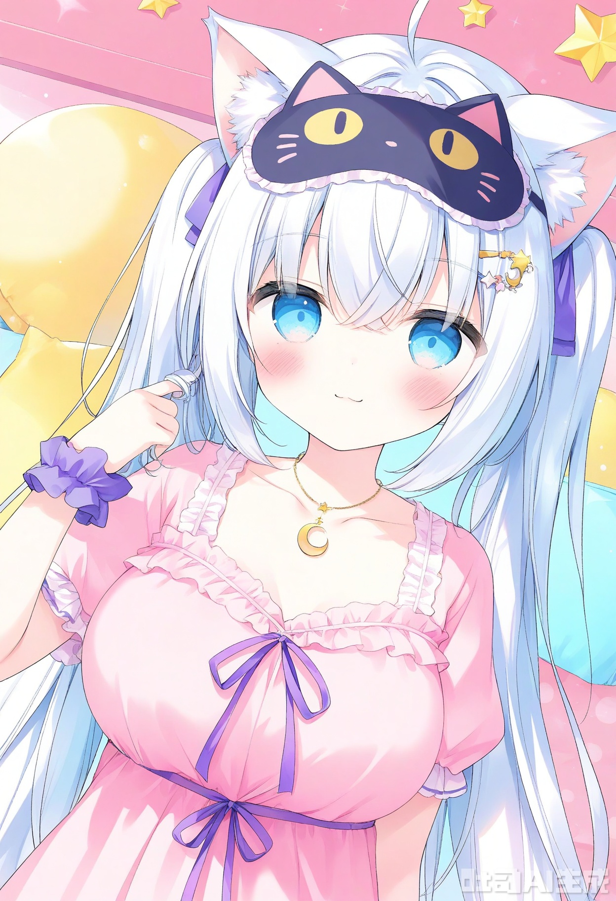 1girl,ahoge,animal ear fluff,animal ears,big breasts,babydoll,blue eyes,cat ears,cat girl,closed mouth,collarbone,crescent,crescent necklace,crossed bangs,dress,dutch angle,frilled babydoll,frilled sleeves,frills,hair ribbon,hairclip,head tilt,jewelry,light blush,logo,long hair,looking at viewer,necklace,nightgown,pajamas,pastel colors,pillow,pink babydoll,pink dress,pink nightgown,puffy short sleeves,puffy sleeves,purple ribbon,purple scrunchie,ribbon,scrunchie,short sleeves,sleep mask,smile,solo,sparkle,sparkling aura,star \(symbol\),twintails,twirling hair,upper body,white hair,wrist scrunchie,