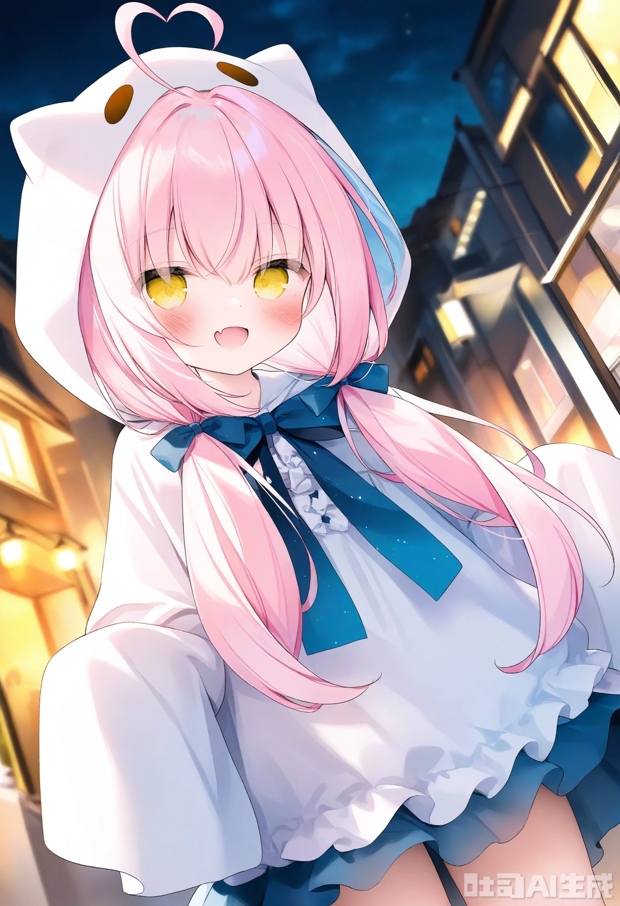 1girl,heart ahoge,dress,long hair,fang,ghost,sleeves past wrists,hood,yellow eyes,twintails,looking at viewer,sleeves past fingers,solo,white dress,low twintails,blue bow,ghost costume,frilled dress,frills,bow,ahoge,open mouth,night,skin fang,white hair,blush,long sleeves,pink hair,outdoors,very long hair,smile,blue bowtie,hair between eyes,sky,animal hood,night sky,

