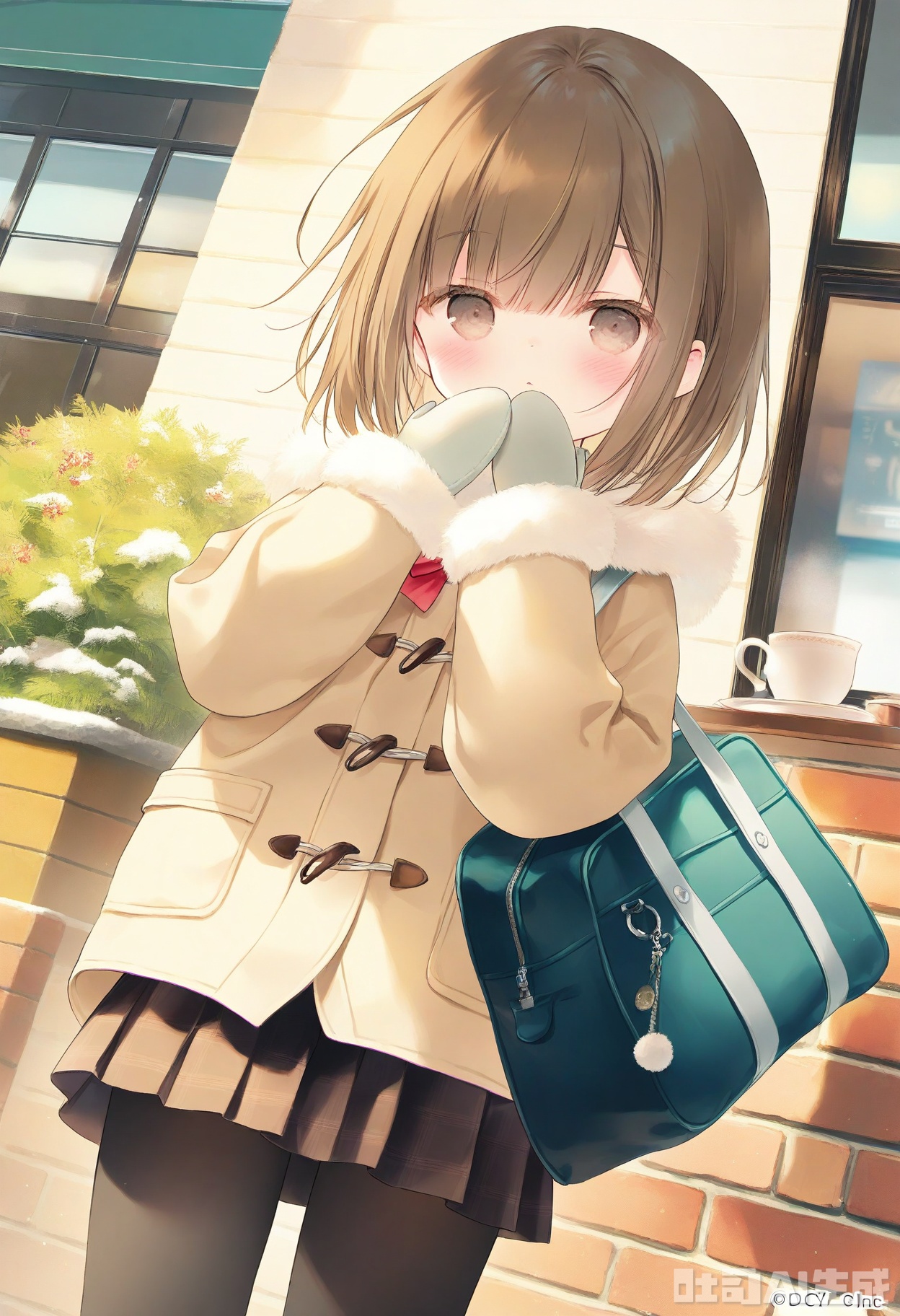 masterpiece,very aware,highres,absurdres,newest,best quality,loli,petite,high quality,chromatic_aberration,cinematic_angle,dutch angle, //, artist:hanekoto, 1girl, skirt, mittens, solo, bag, pantyhose, long_hair, coat, looking_at_viewer, brown_skirt, cafe, plaid, plaid_skirt, copyright_notice, pleated_skirt, hands_up, blue_coat, school_bag, blue_bag, brown_mittens, brick_wall, long_sleeves, black_pantyhose, outdoors, brown_eyes, door, cowboy_shot, menu_board, fur_trim, cup, covering_own_mouth, standing, blush, open_clothes, duffel_coat, open_coat, cardigan, shoulder_bag, company_name, school_uniform, brown_hair, coffee, red_bow, teacup, own_hands_together, storefront, fur-trimmed_sleeves, dot_nose, very_long_hair, cover, light_brown_hair, sparkle, building, fur-trimmed_coat, blurry, bow, saucer, buttons, cover_page, shirt, brown_pantyhose, covered_mouth, winter_clothes, artist_name, watermark, toggles, sign, hand_over_own_mouth, miniskirt, brown_cardigan //, photorealistic,Artist:na-ga,(quasarcake:0.2),(wanke:0.9)

