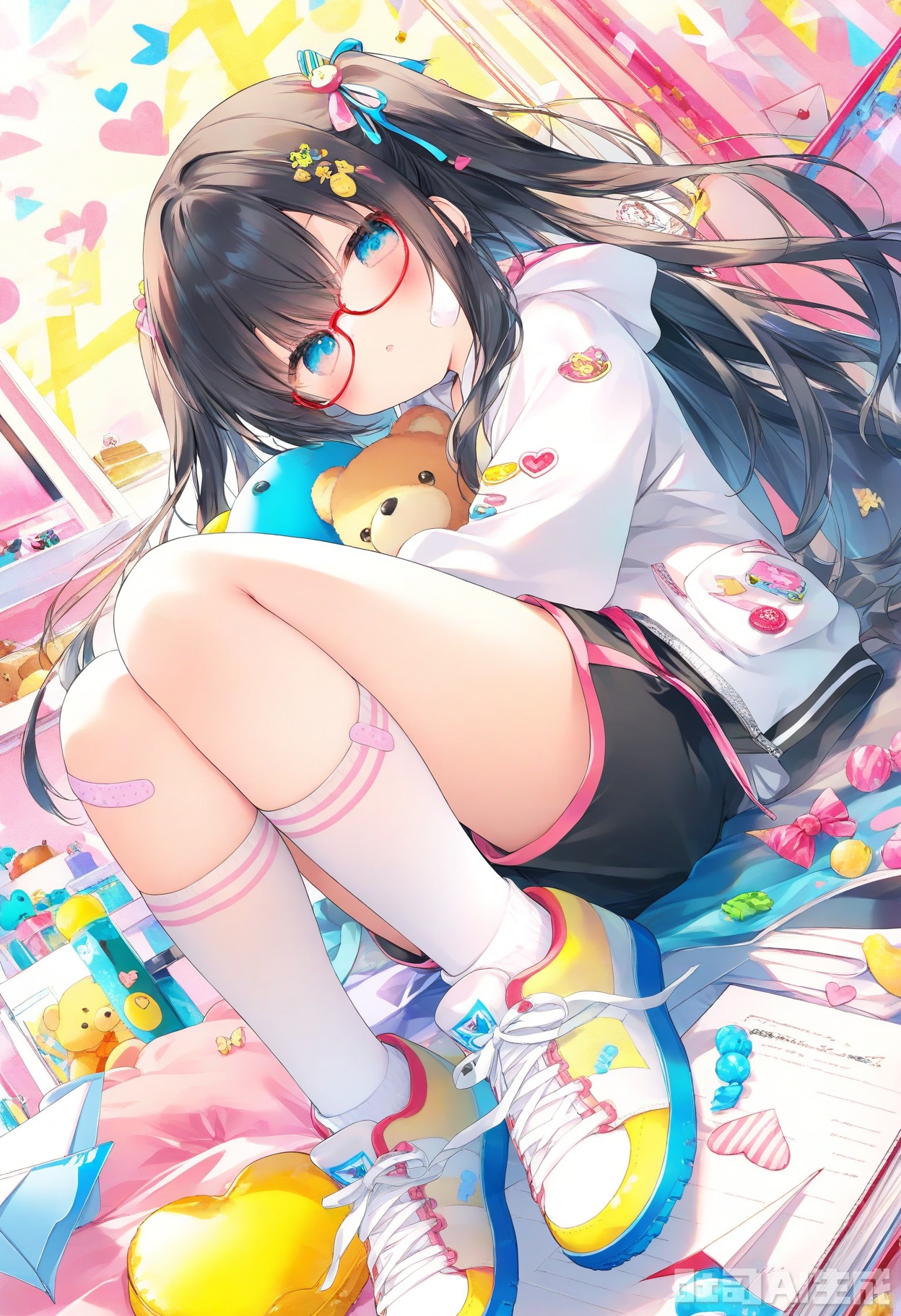 masterpiece,best quality,high quality,(colorful),1girl, solo, long hair, shirt, black hair, hair ornament, long sleeves, holding, very long hair, jacket, full body, heart, food, shoes, glasses, shorts, socks, hood, two side up, kneehighs, hoodie, floating hair, stuffed toy, white footwear, stuffed animal, white socks, sneakers, candy, bandaid, red-framed eyewear, teddy bear, envelope, paper airplane

