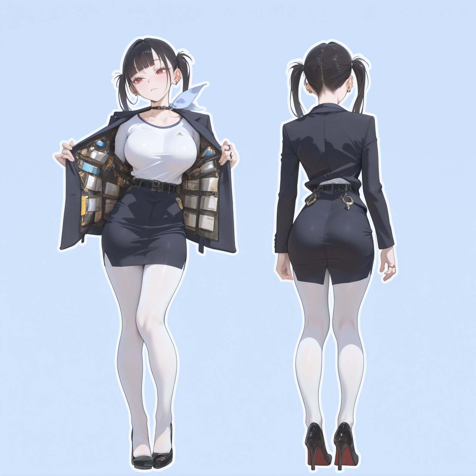 best quality,masterpiece,good quality,blue  background,white outline,pastel colors,2girl,two perspectives,(multiple perspectives:1.1),(from behind:1.4),(from_side:1.1),(front view:1.4),standing,<lora:SORA索拉:1>,SORA,black hair,red eyes,twintails,blunt bangs,yifu,ear piercing,black choker,earrings,blue neck ornament,black belt,black footwear,black jacket,black skirt,high heels,jewelry,large breasts,long sleeves,office lady,pencil skirt,ring,white pantyhose,white shirt,jacket tucked in,