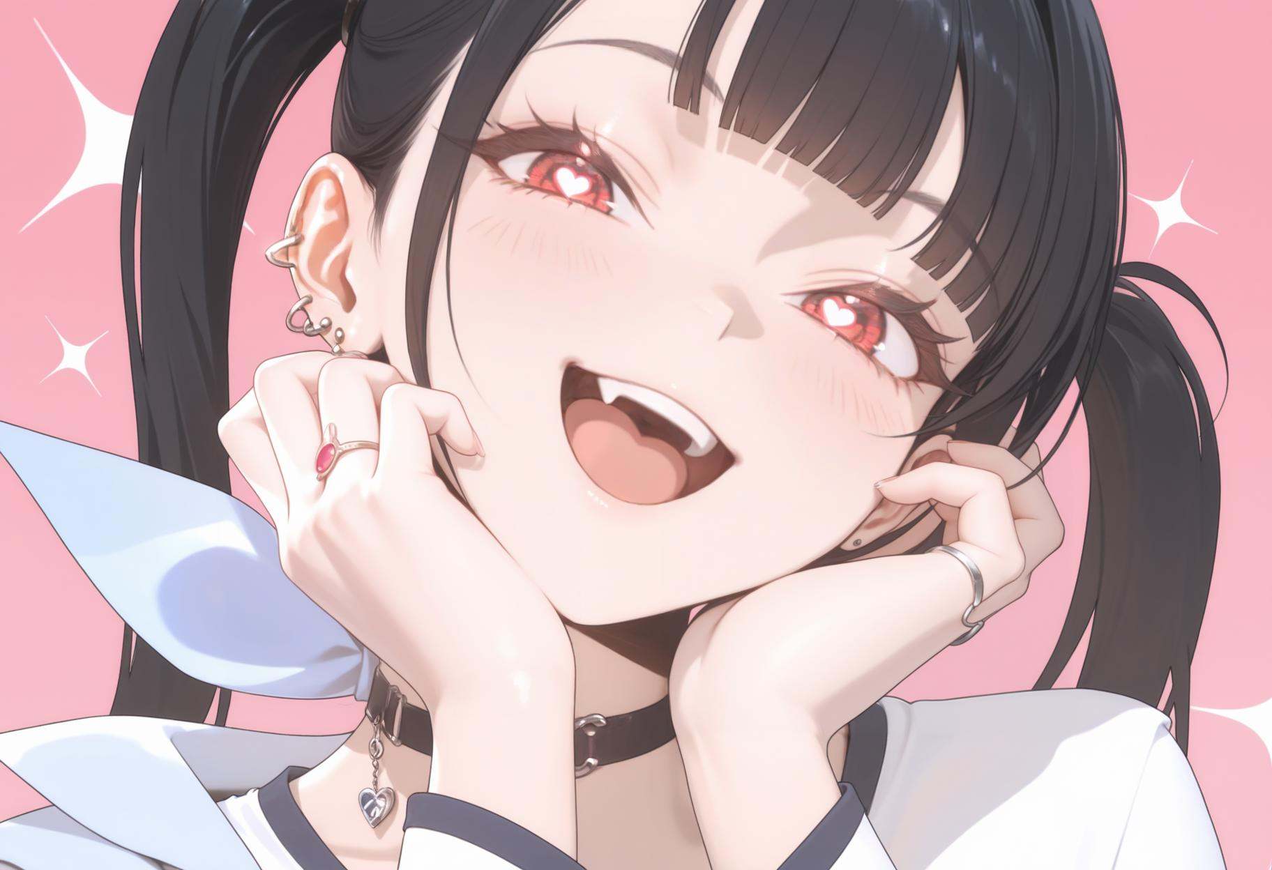 masterpiece,best quality,very aesthetic,absurdres,newest,portrait,1girl,close-up,flat color,upper body,eye focus,sparkle,blush,look at looking at viewer,heart-shaped pupils,one fang,:d,upper teeth only,head_tilt,hands together,hands on right face,pink background,love background,<lora:SORA索拉:1>,SORA,black hair,red eyes,twintails,blunt bangs,yifu,ear piercing,black choker,earrings,blue neck ornament,jewelry,long sleeves,ring,white shirt,