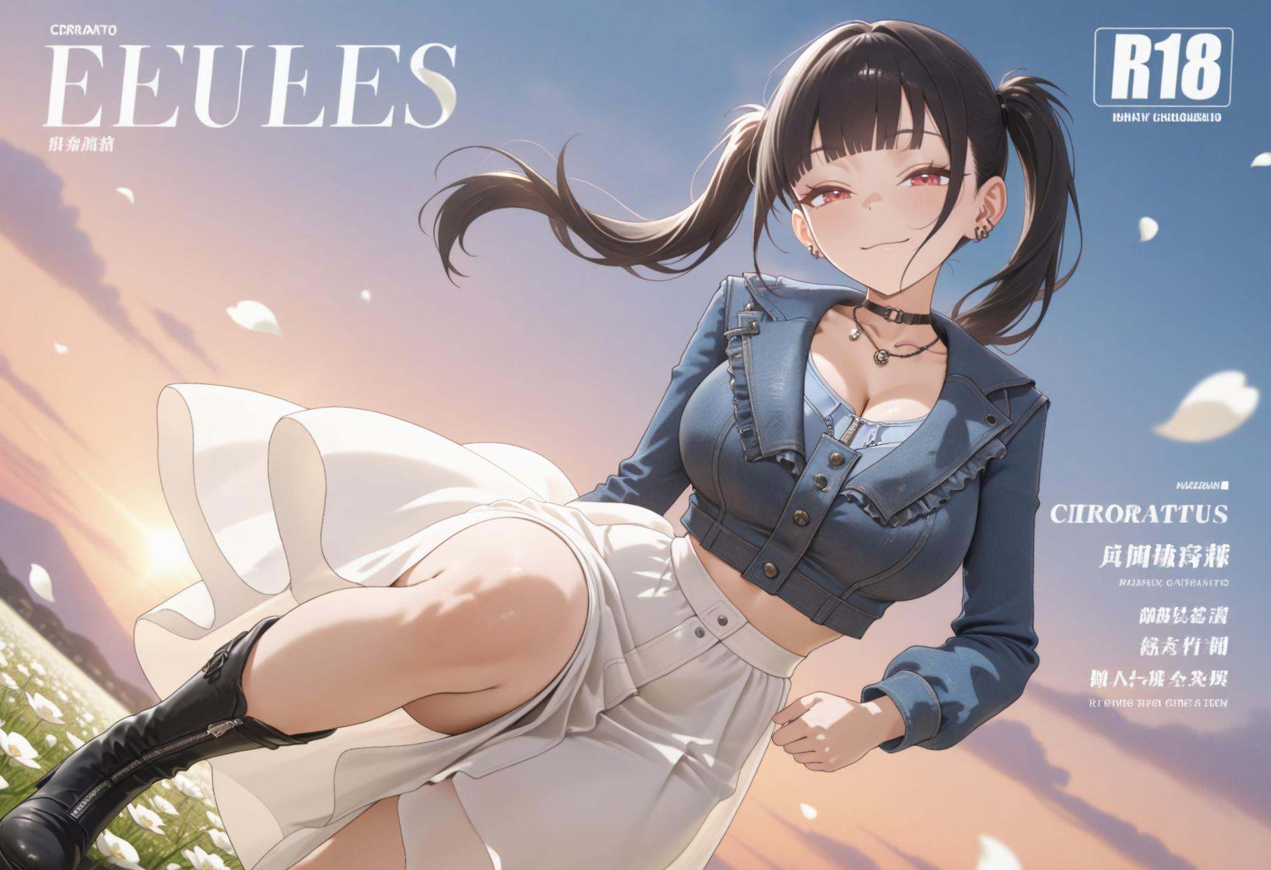 1girl,solo,Cirrocumulus,Cirrostratus,sky,wind,petals,white flowers,magazine cover,backlighting,text,masterpiece,best quality,amazing quality,very awa,newest,very aesthetic,dynamic pose,looking_at_viewer,seductive_smile,dynamic_angle,<lora:SORA索拉:1>,SORA,black hair,red eyes,twintails,blunt bangs,big breasts,<lora:千早爱音:0.9>,disantao,black choker,black high-top boots,blue jacket,zipper,blue shirt,buttons,denim cropped jacket,earrings,frills,long sleeves,necklace,see-through skirt,white long skirt,