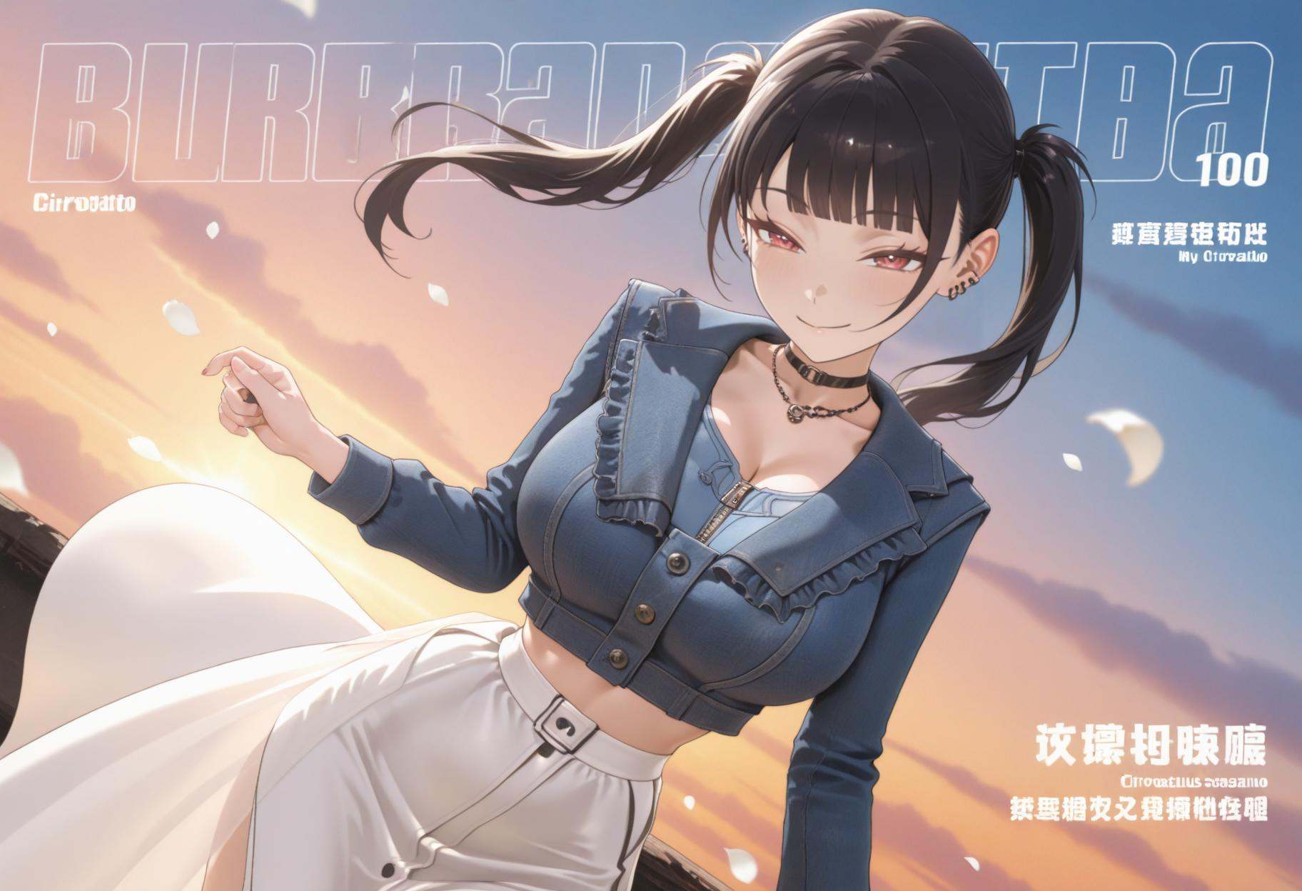 1girl,solo,Cirrocumulus,Cirrostratus,sky,wind,petals,white flowers,magazine cover,backlighting,text,masterpiece,best quality,amazing quality,very awa,newest,very aesthetic,dynamic pose,looking_at_viewer,seductive_smile,dynamic_angle,<lora:SORA索拉:1>,SORA,black hair,red eyes,twintails,blunt bangs,big breasts,<lora:千早爱音:1>,disantao,black choker,black high-top boots,blue jacket,zipper,blue shirt,buttons,denim cropped jacket,earrings,frills,long sleeves,necklace,see-through skirt,white long skirt