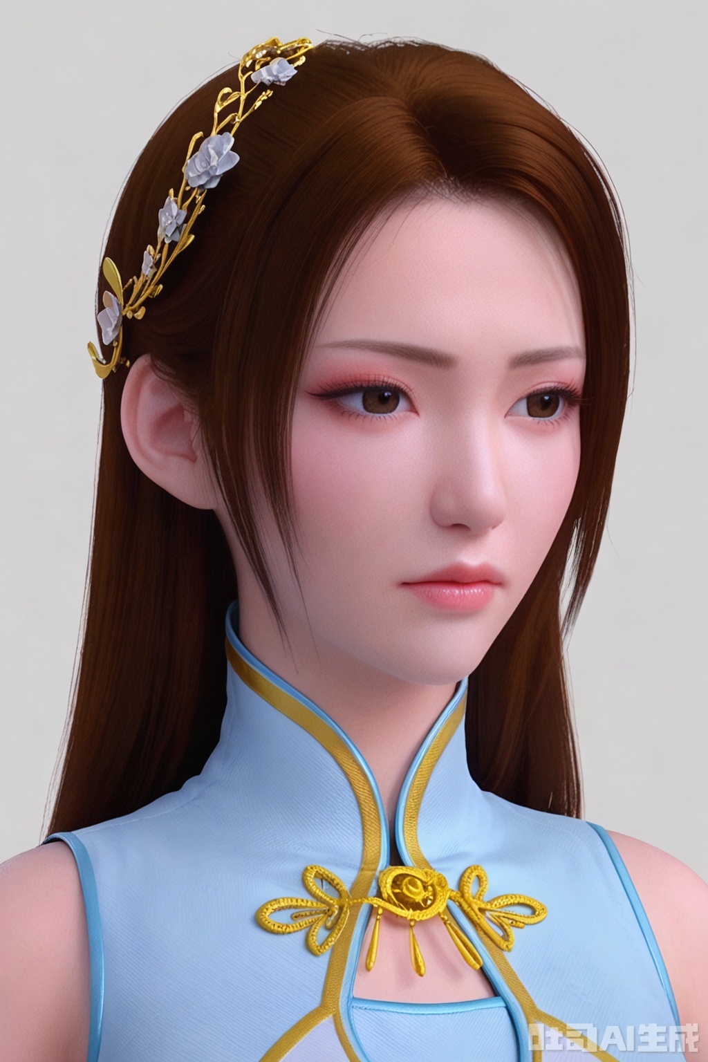 score_9_up,NRYR,1girl, solo, long hair, simple background, brown hair, hair ornament, white background, dress, bare shoulders, closed mouth, upper body, lips, looking to the side, looking away, chinese clothes, china dress, realistic, nose