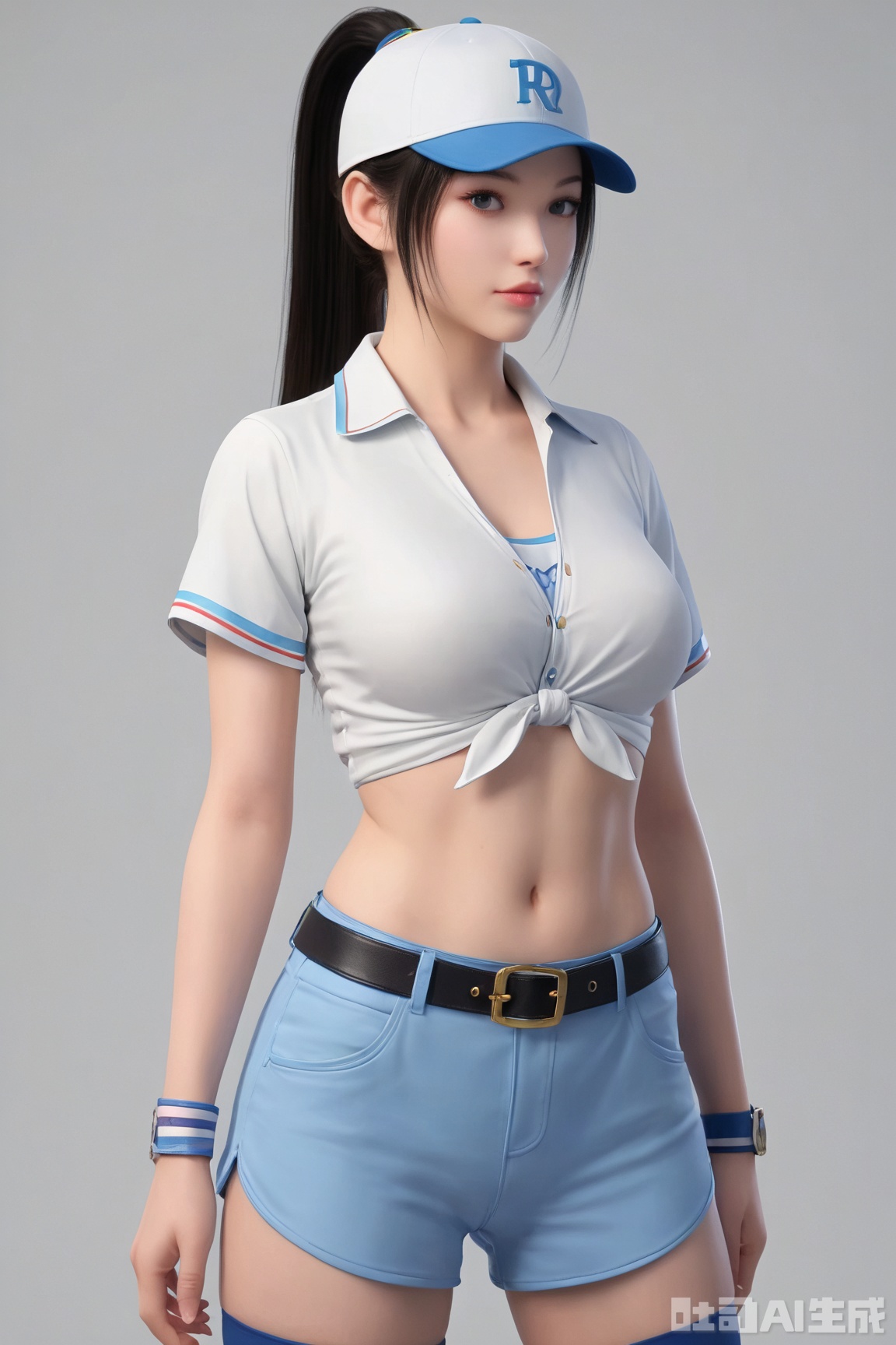 score_9_up,score_8_up,score_7_up,NRYR,1girl, solo, shorts, blue eyes, black hair, thighhighs, wristband, baseball cap, navel, long hair, midriff, short shorts, belt, shirt, hand on hip, lips, white shorts, white background, blue thighhighs, looking at viewer, tied shirt, simple background,ponytail